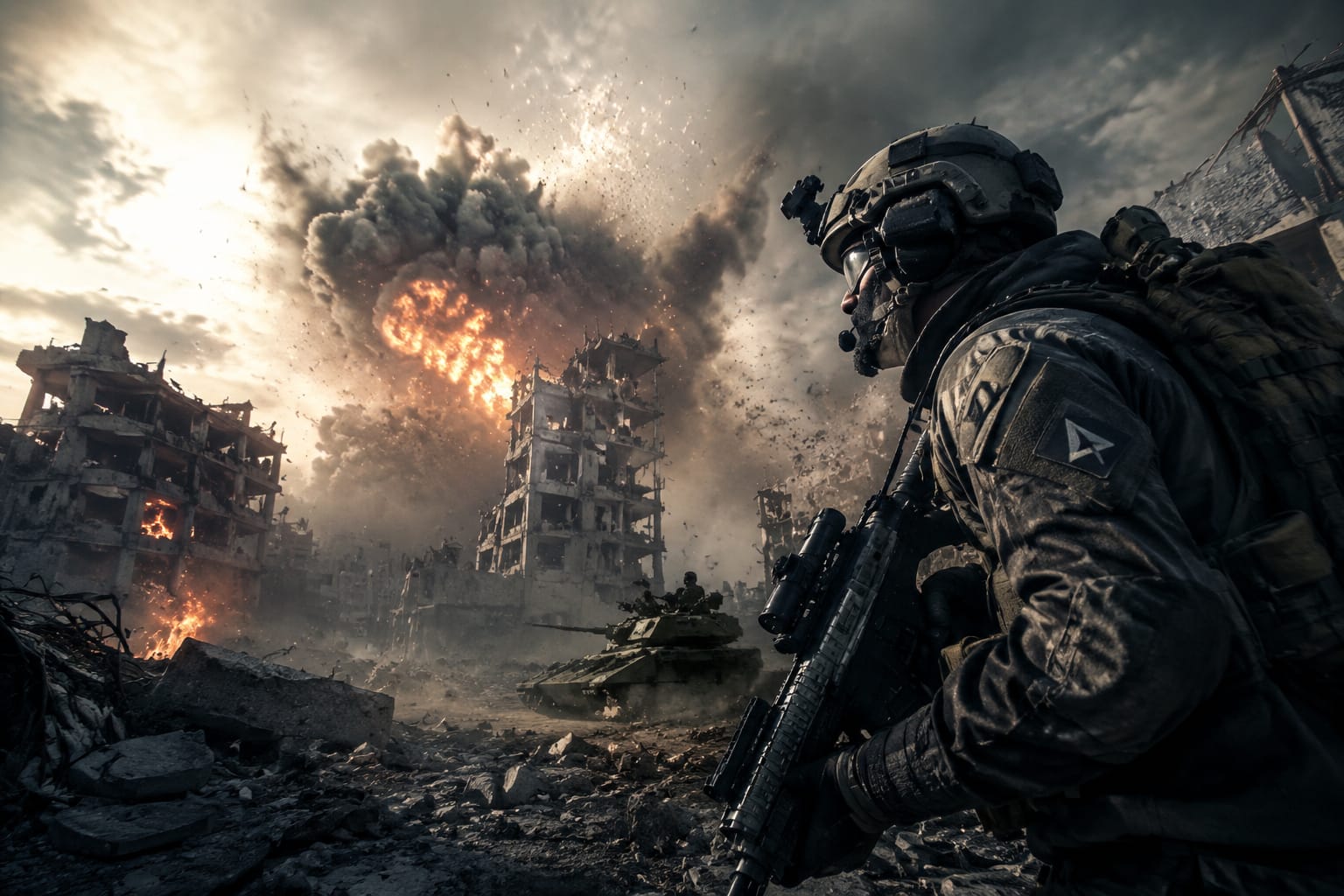 Battlefield 6 cover art with soldiers advancing through a war-torn urban environment