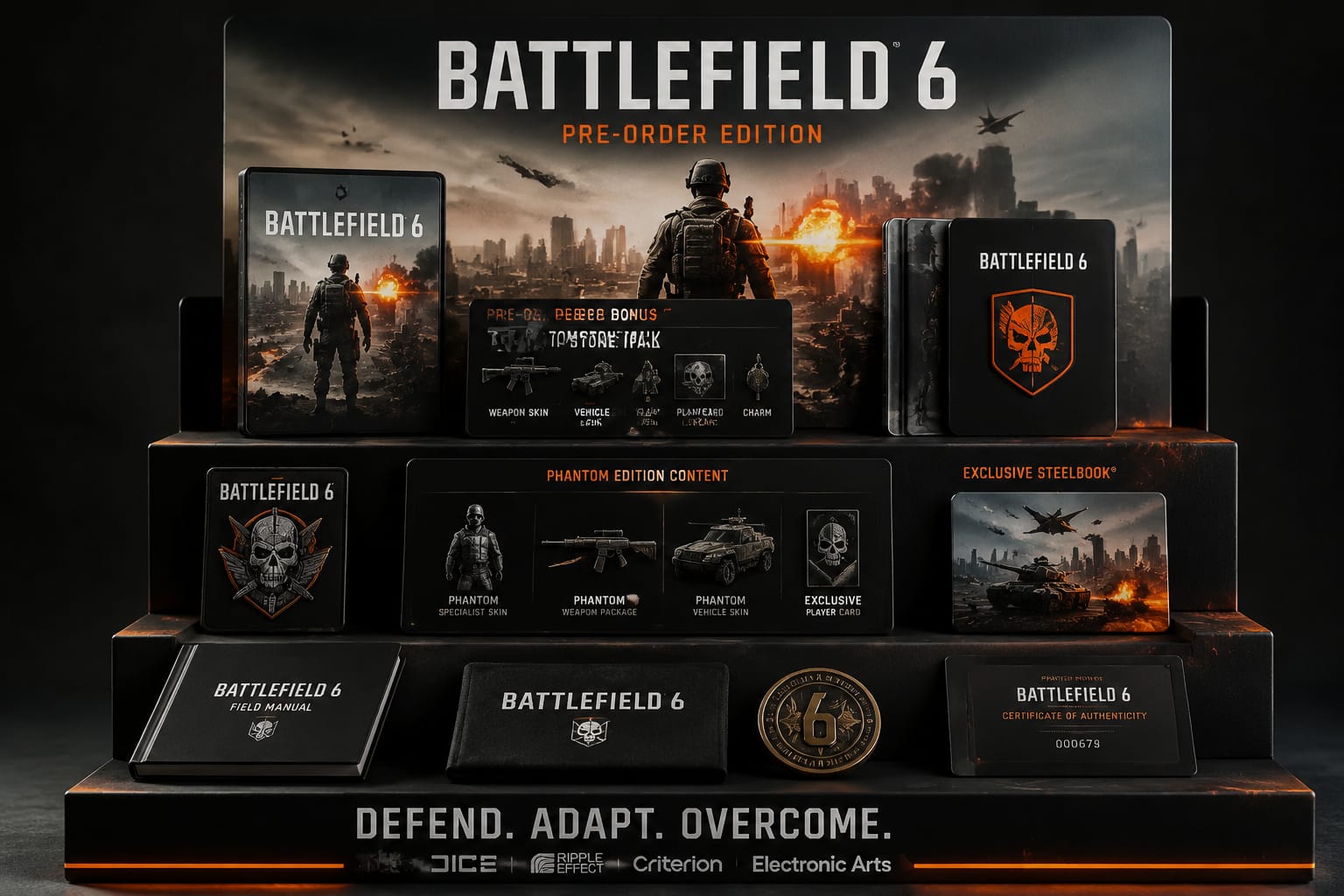 Battlefield 6 edition comparison showing three game cases for Standard, Deluxe, and Ultimate