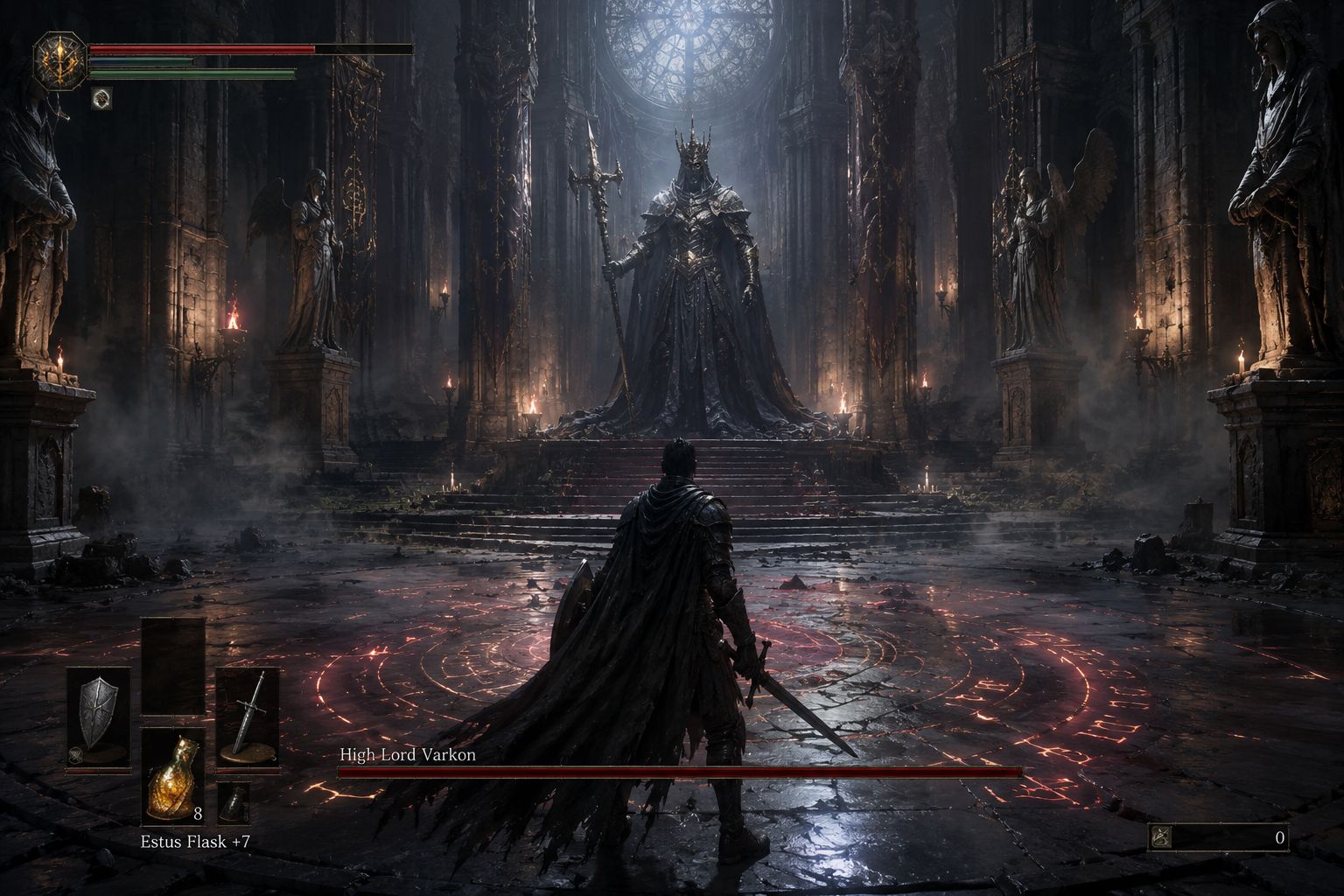 Dark cathedral boss arena with glowing runes in Elden Ring Nightreign