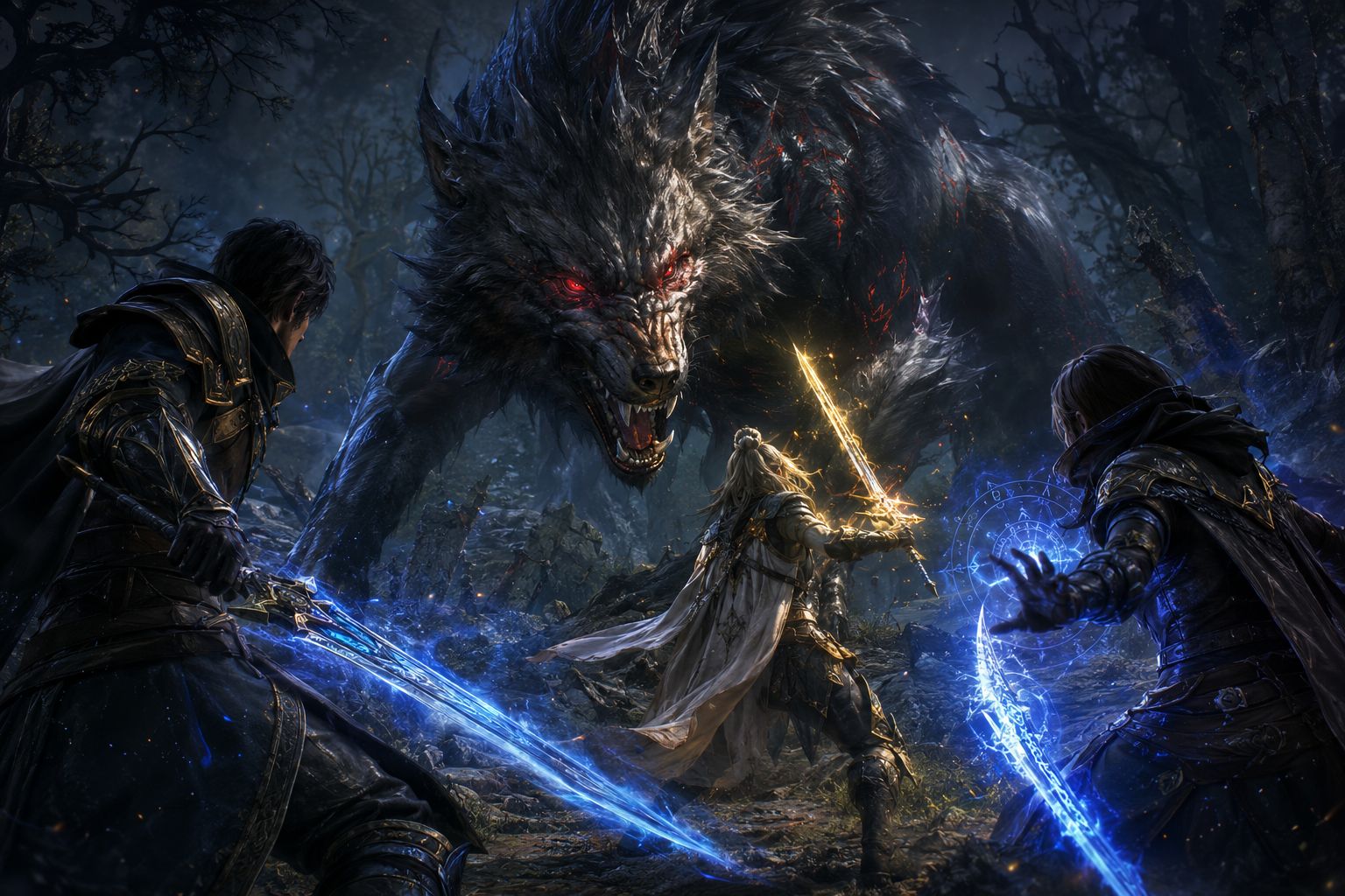 Three players fighting a large wolf boss in a dark fantasy forest