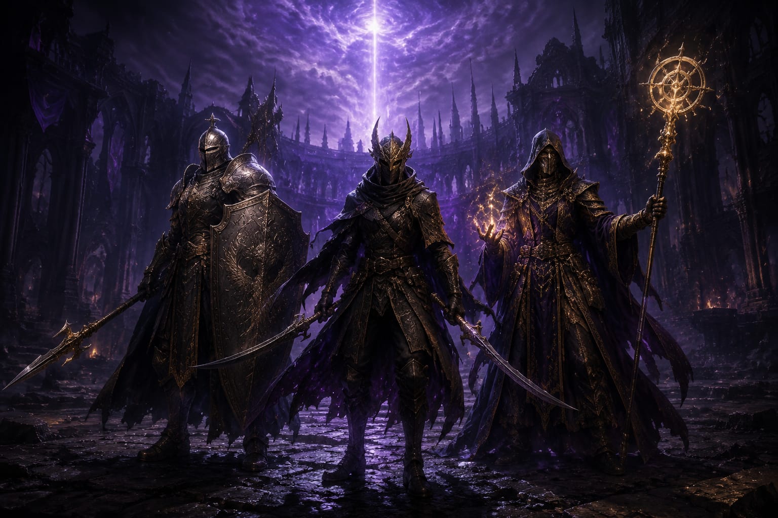 Three Elden Ring Nightreign players standing together in a boss arena, showcasing different Nightfarer classes