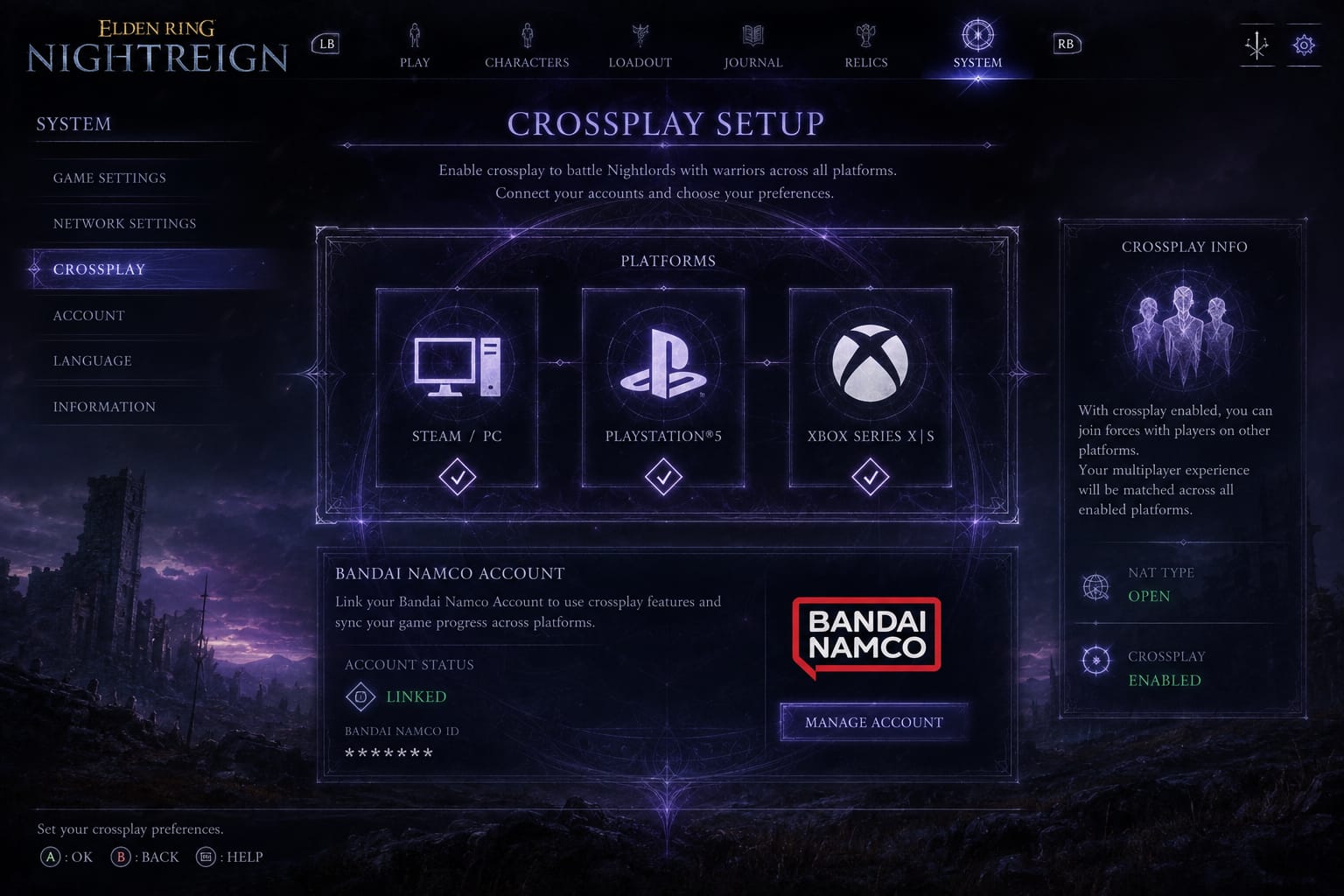 Elden Ring Nightreign crossplay configuration screen showing platform selection and Bandai Namco account linking
