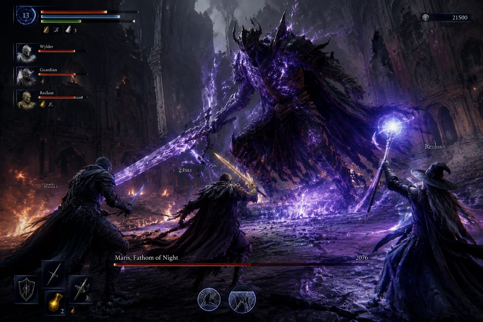 Elden Ring Nightreign co-op combat scene showing three players coordinating against a boss with health bars visible