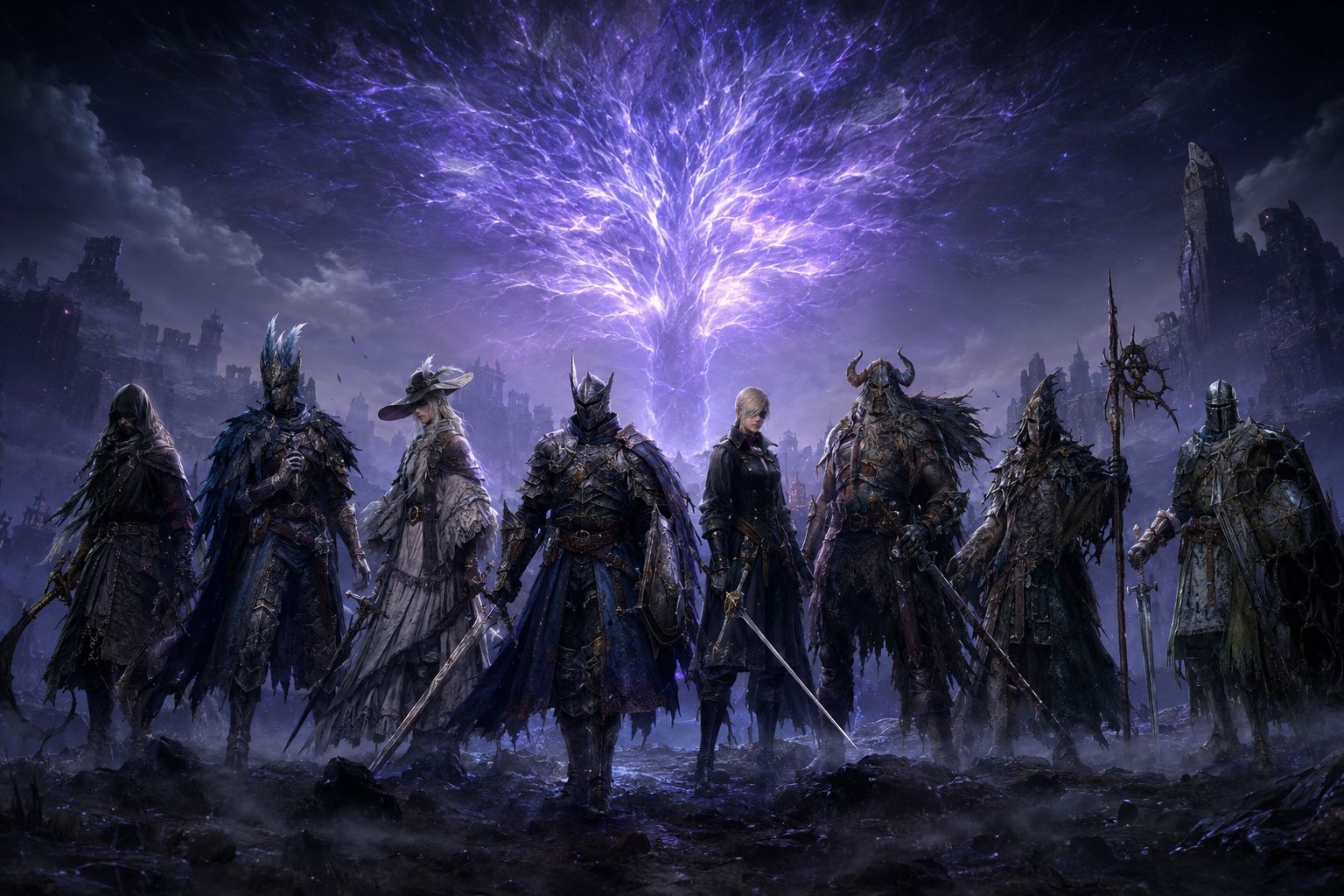 All eight Elden Ring Nightreign Nightfarers standing in a dramatic lineup