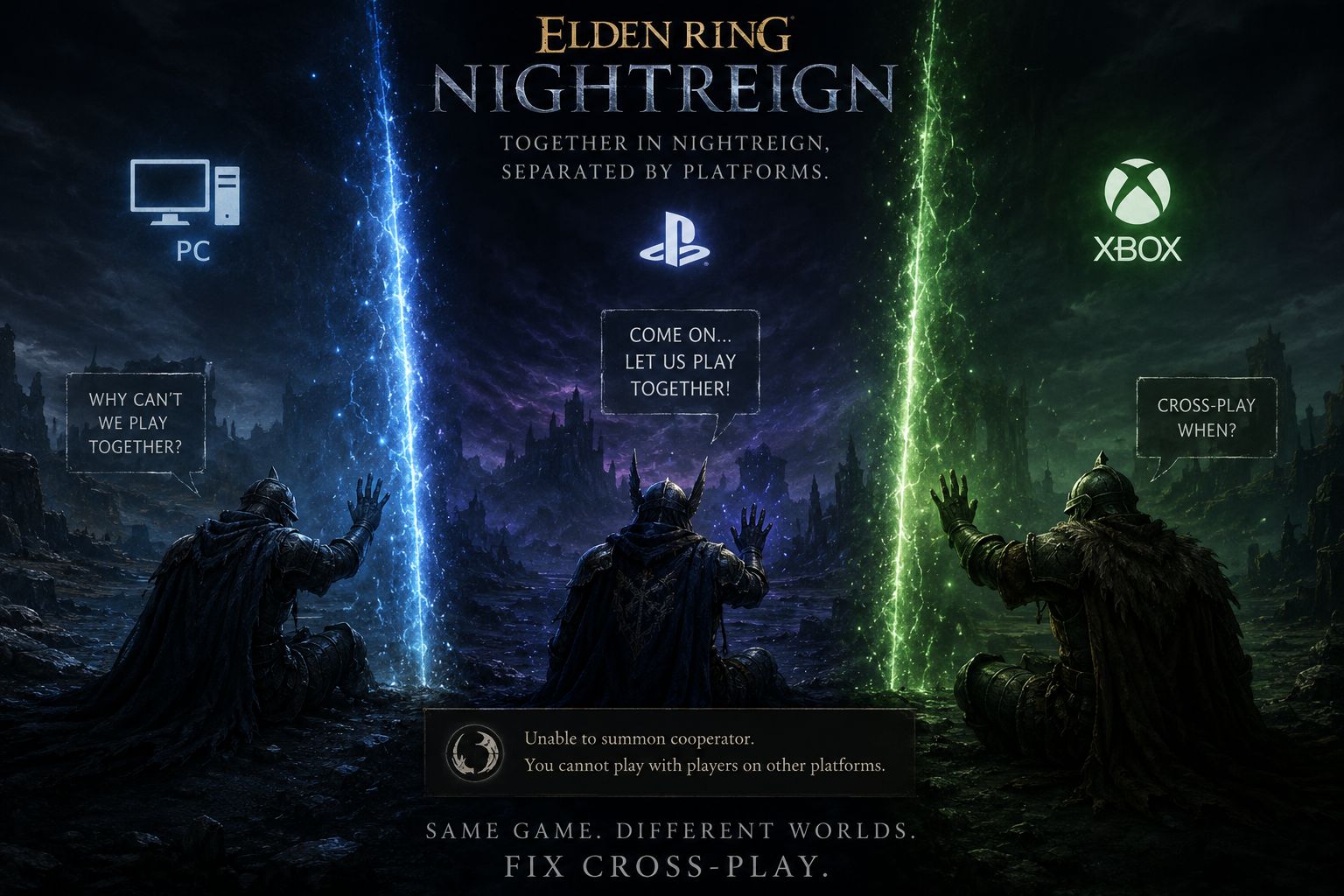 Three players on different platforms PC PlayStation Xbox separated by barriers