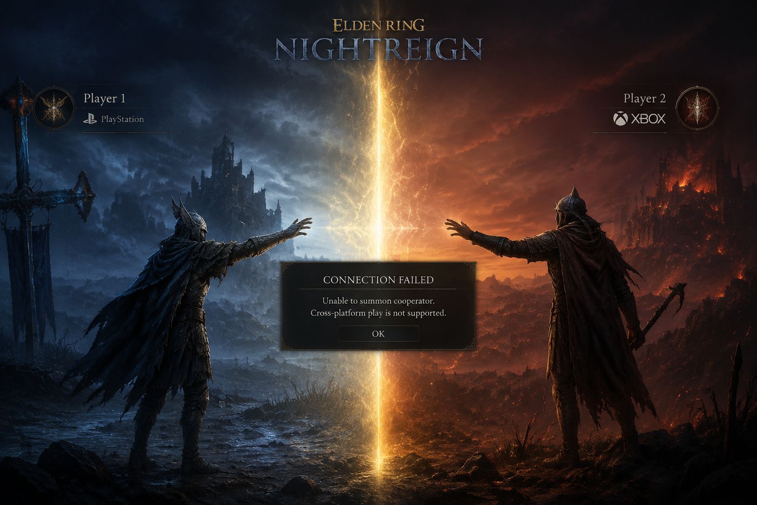 Two players trying to connect across platforms but blocked by a glowing wall
