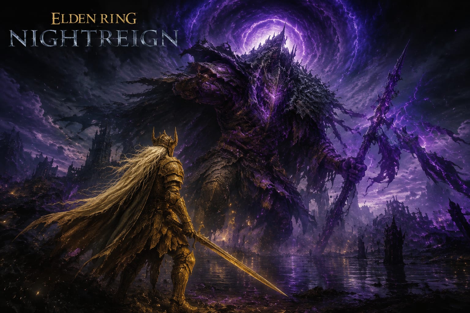 Elden Ring Nightreign cover art showing a Tarnished warrior facing a massive boss in the Limgrave night arena