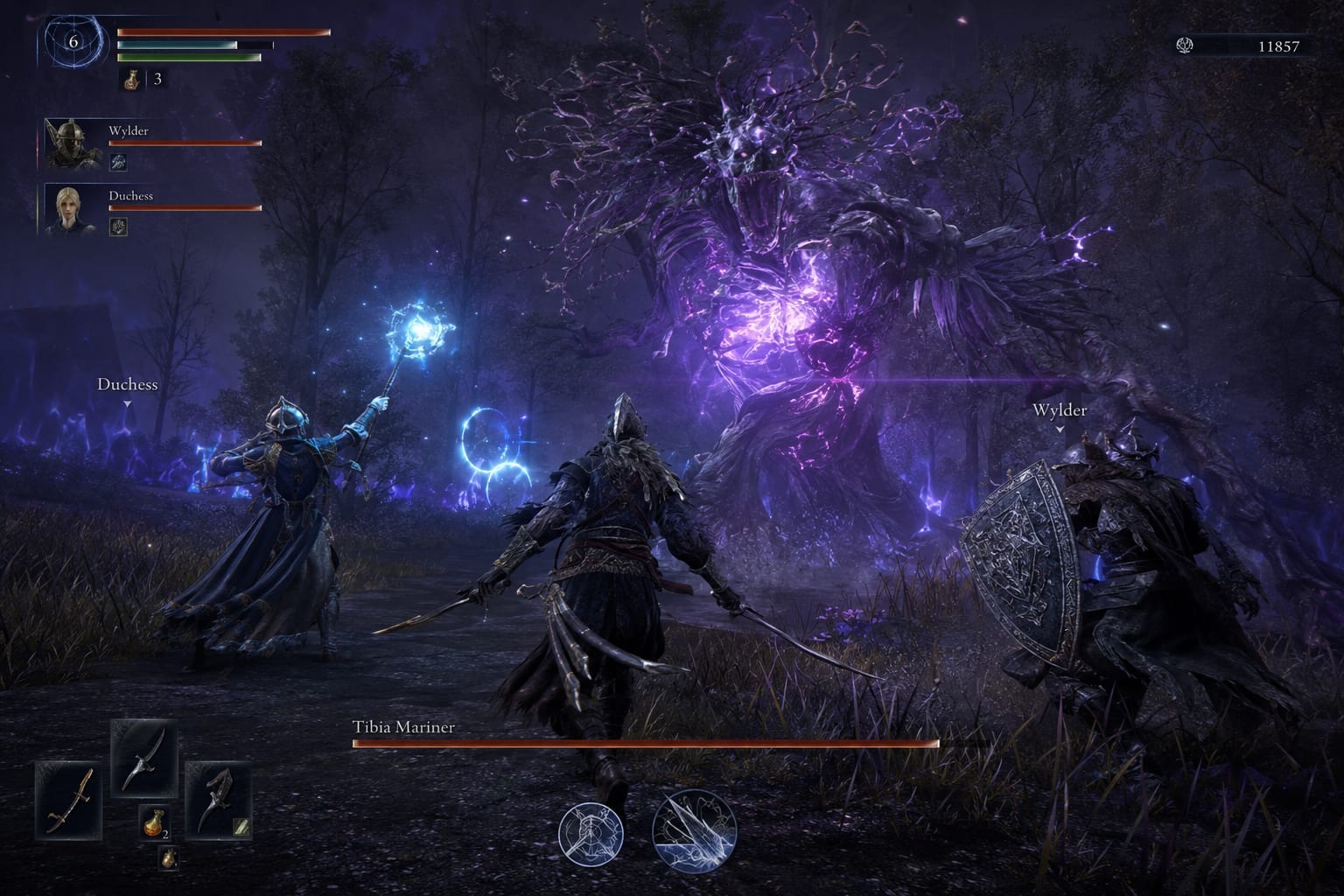 Elden Ring Nightreign gameplay showing three players cooperating in combat against a group of enemies