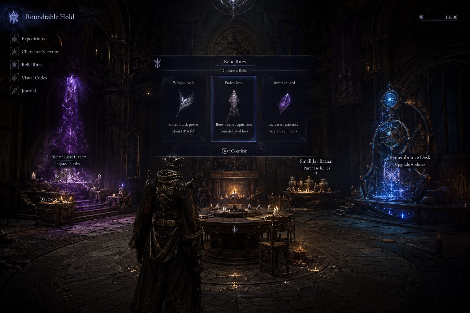 Elden Ring Nightreign Roundtable Hold hub area showing upgrade altars and relic selection screen
