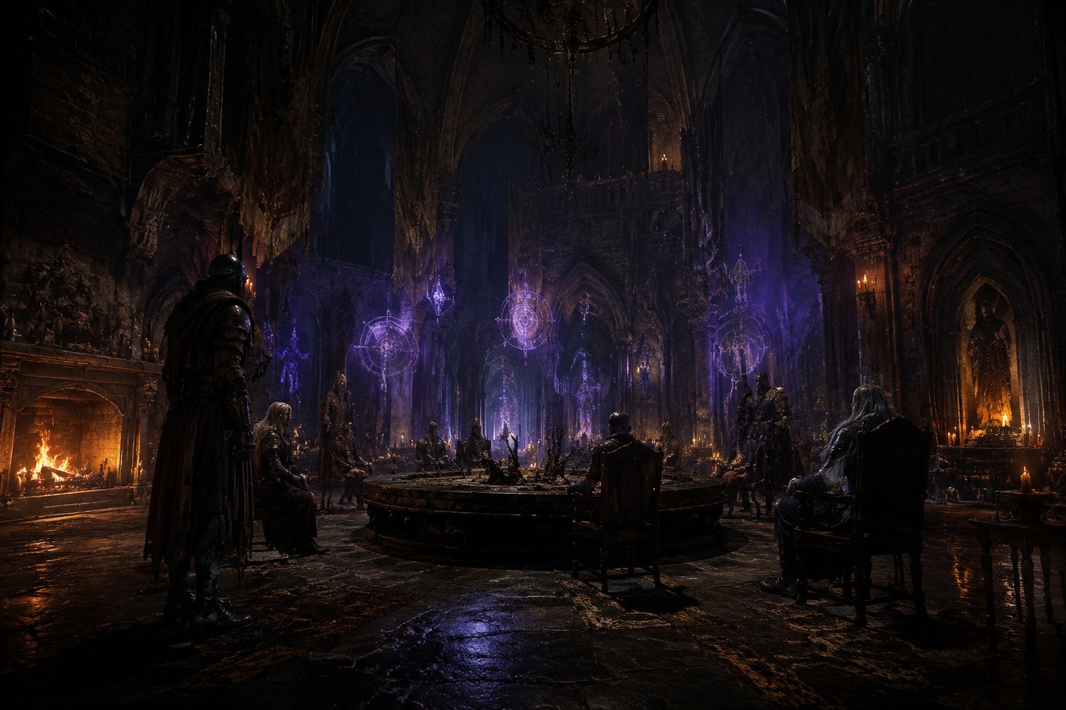 Mysterious Roundtable Hold hub with purple spirit guides and glowing rune symbols