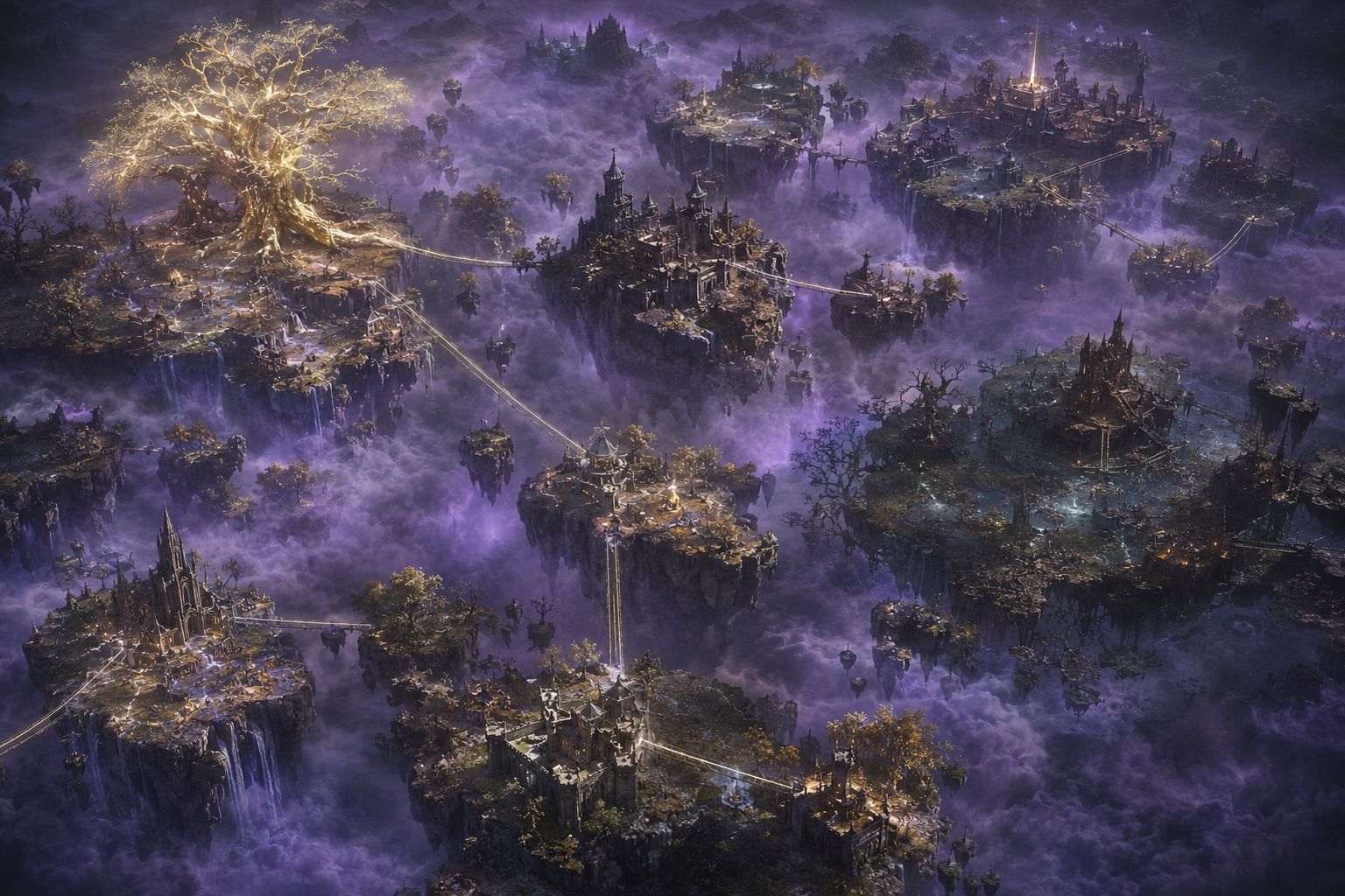 Surreal birdseye view of floating islands and twisted golden trees connected by glowing bridges in a fantasy map
