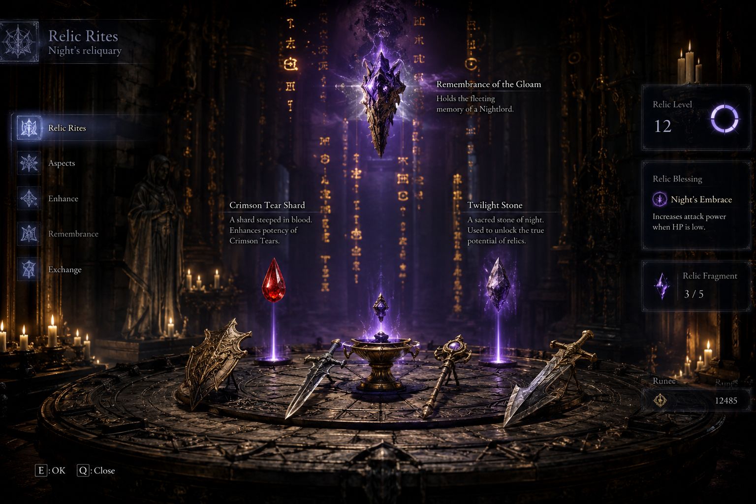 A glowing altar with floating golden runes, crimson tears, and ancient weapons arranged on a stone table