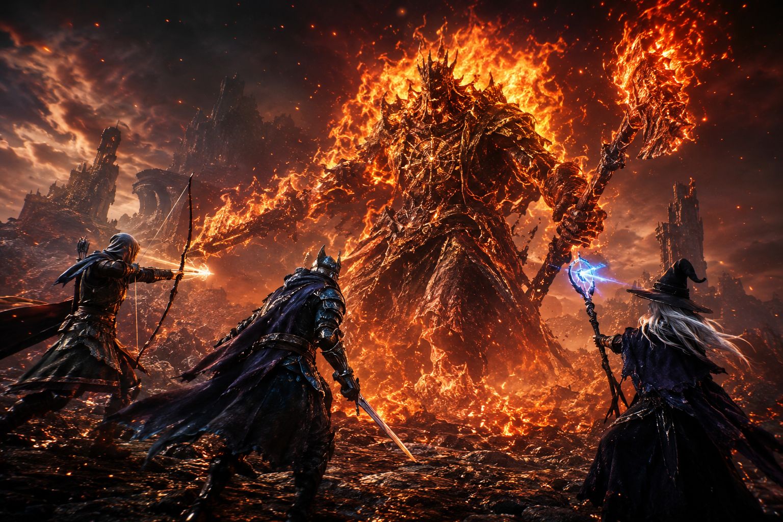 Three co-op players fighting a flaming boss together