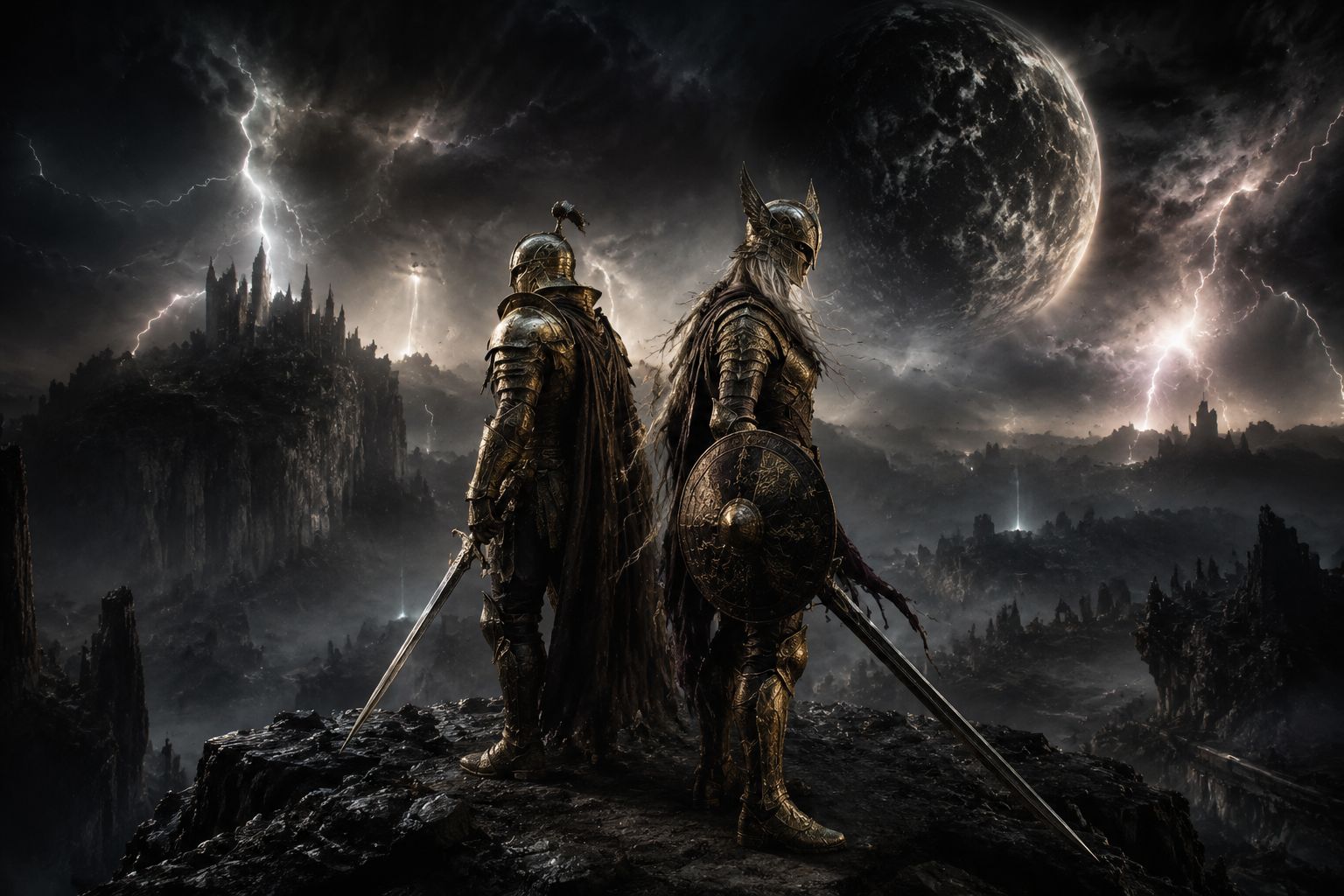 Two Tarnished warriors standing back-to-back overlooking a nightmarish Elden Ring Nightreign landscape