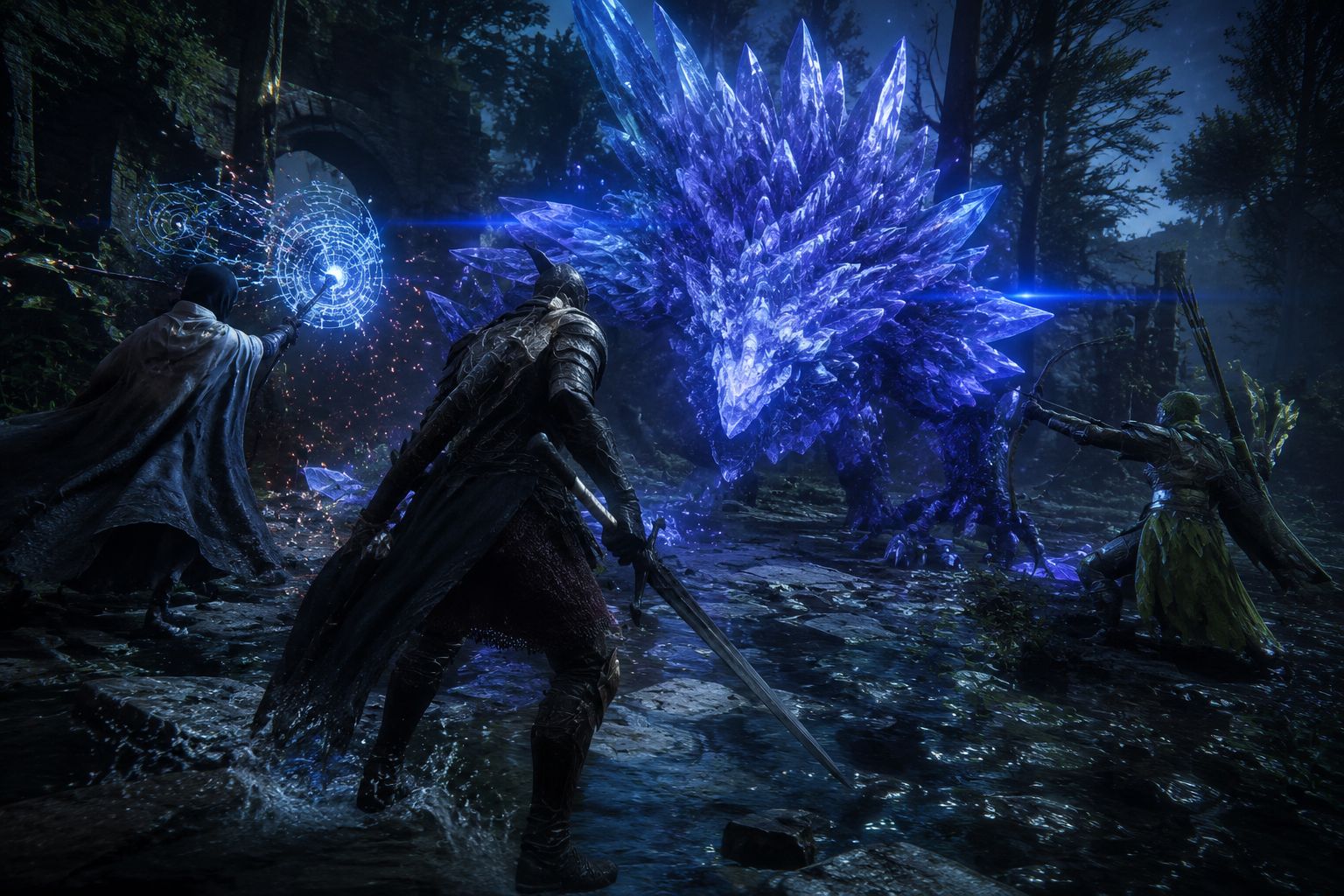 Three players in co-op combat fighting a glowing crystal monster in a dark forest ruin