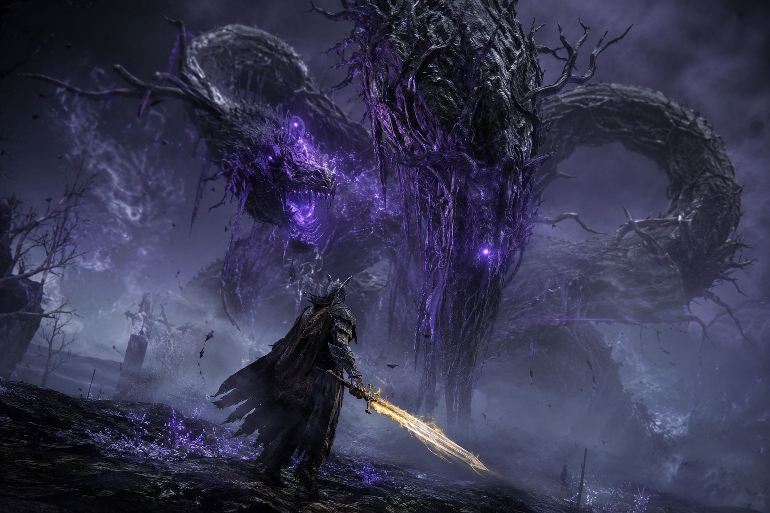 A massive tree-snake-dragon hybrid boss towering over a lone Tarnished warrior with a glowing greatsword