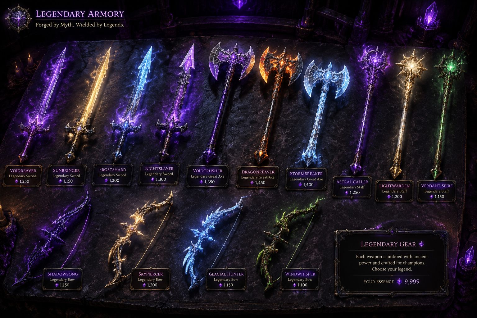 Collection of legendary weapons displayed on a dark stone table with purple glow in Elden Ring Nightreign