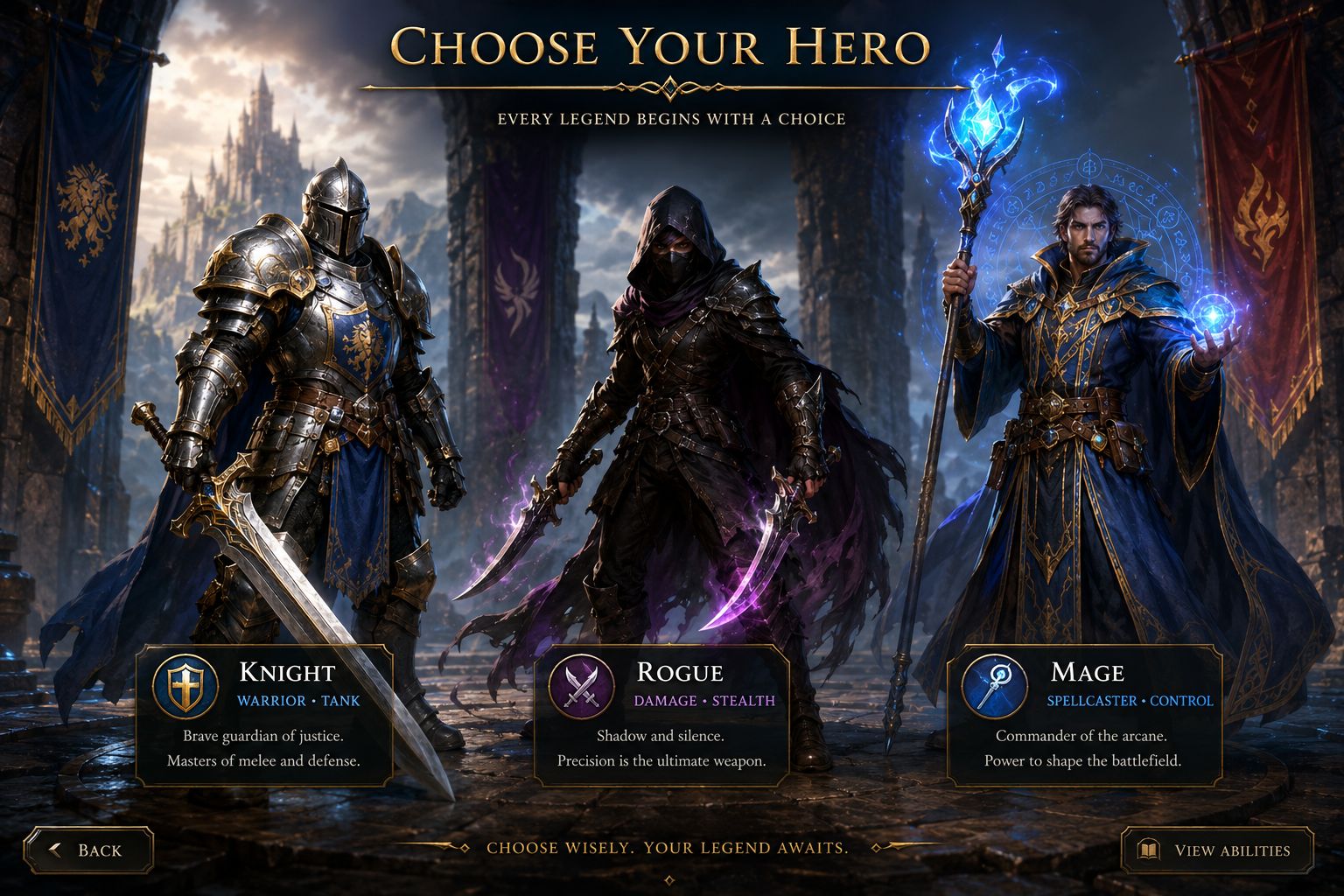 Three fantasy RPG character classes knight rogue and mage standing together