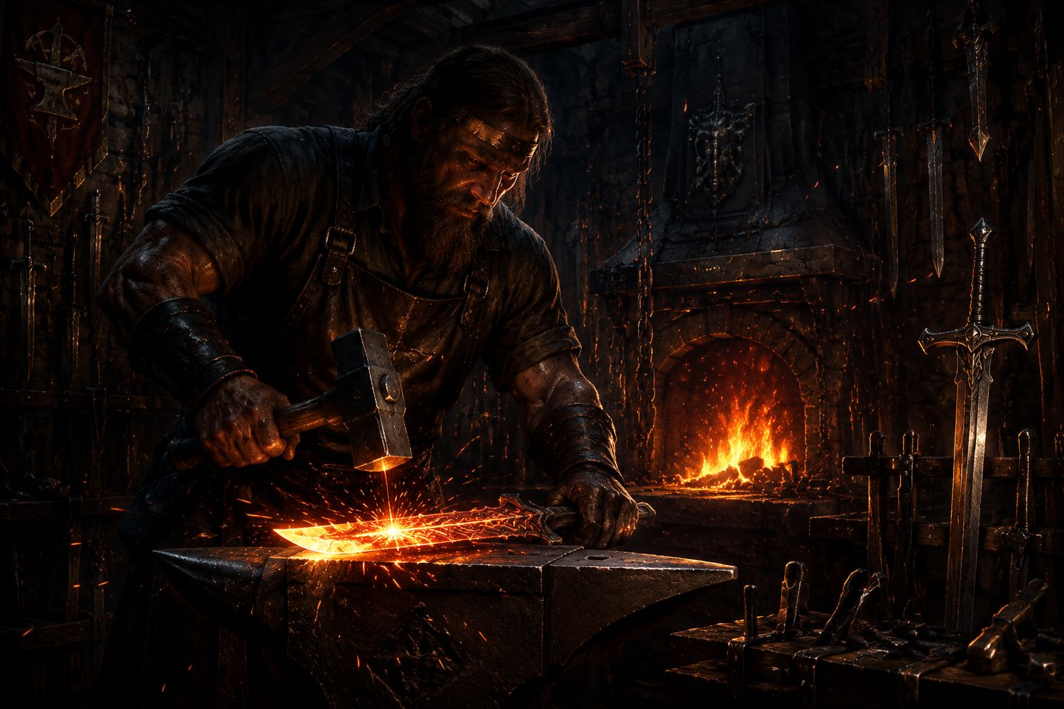 Blacksmith forging a glowing weapon on an anvil in a dark fantasy workshop