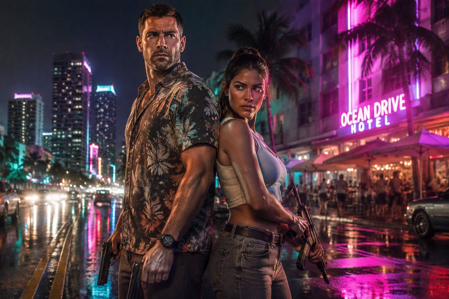 Jason and Lucia from GTA 6 standing together