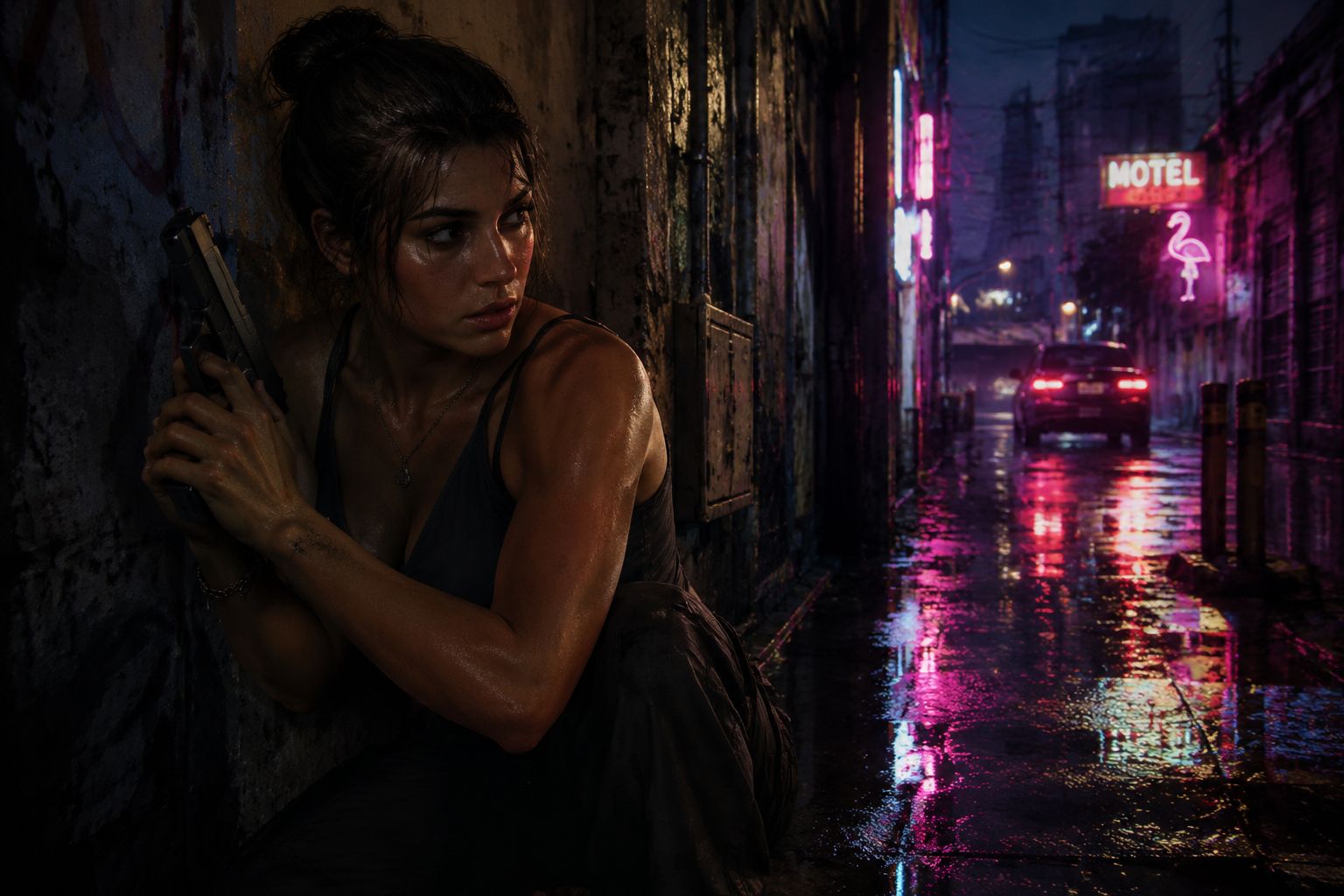 Lucia in stealth mode during a GTA 6 mission