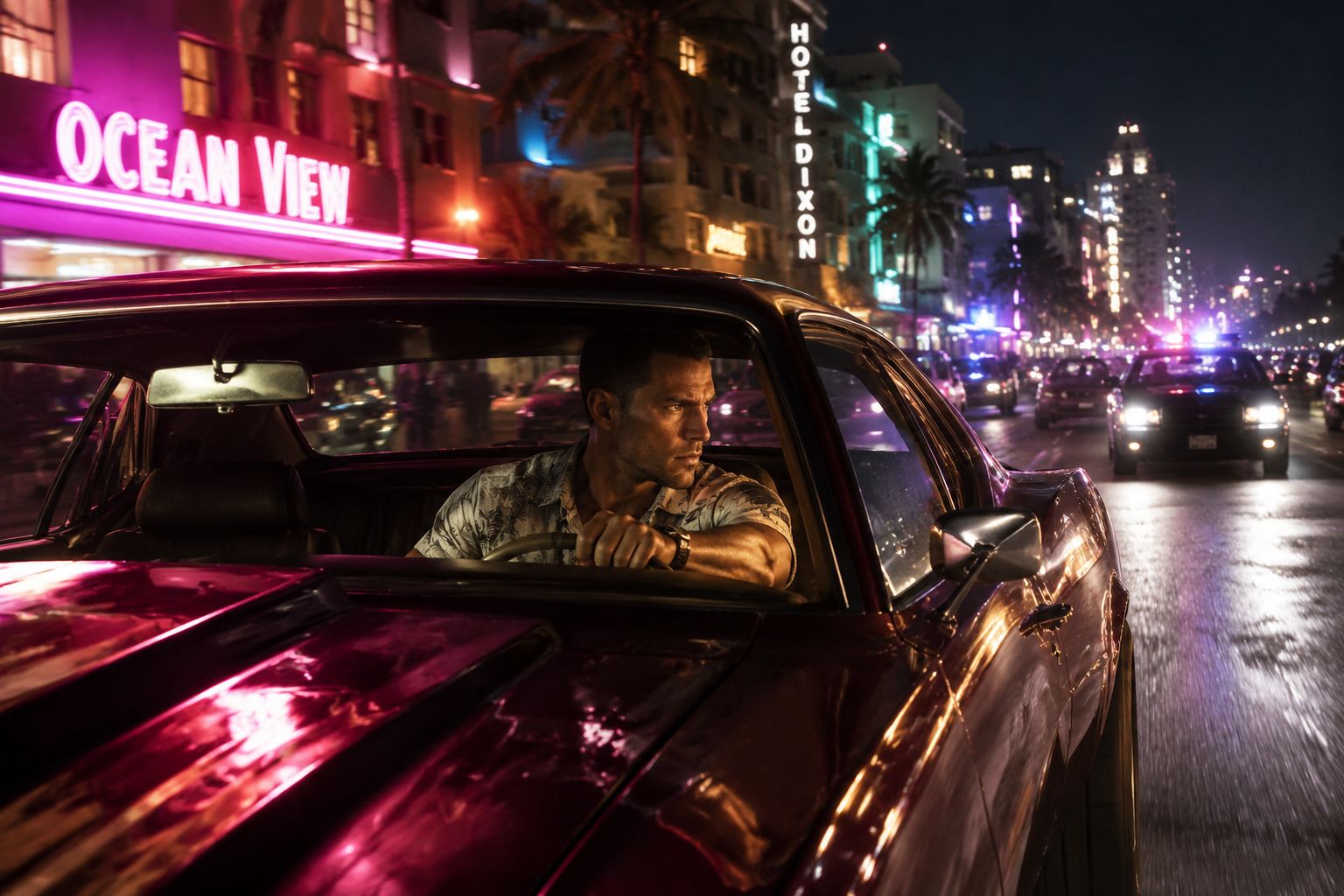 Jason driving a muscle car through Vice City at night