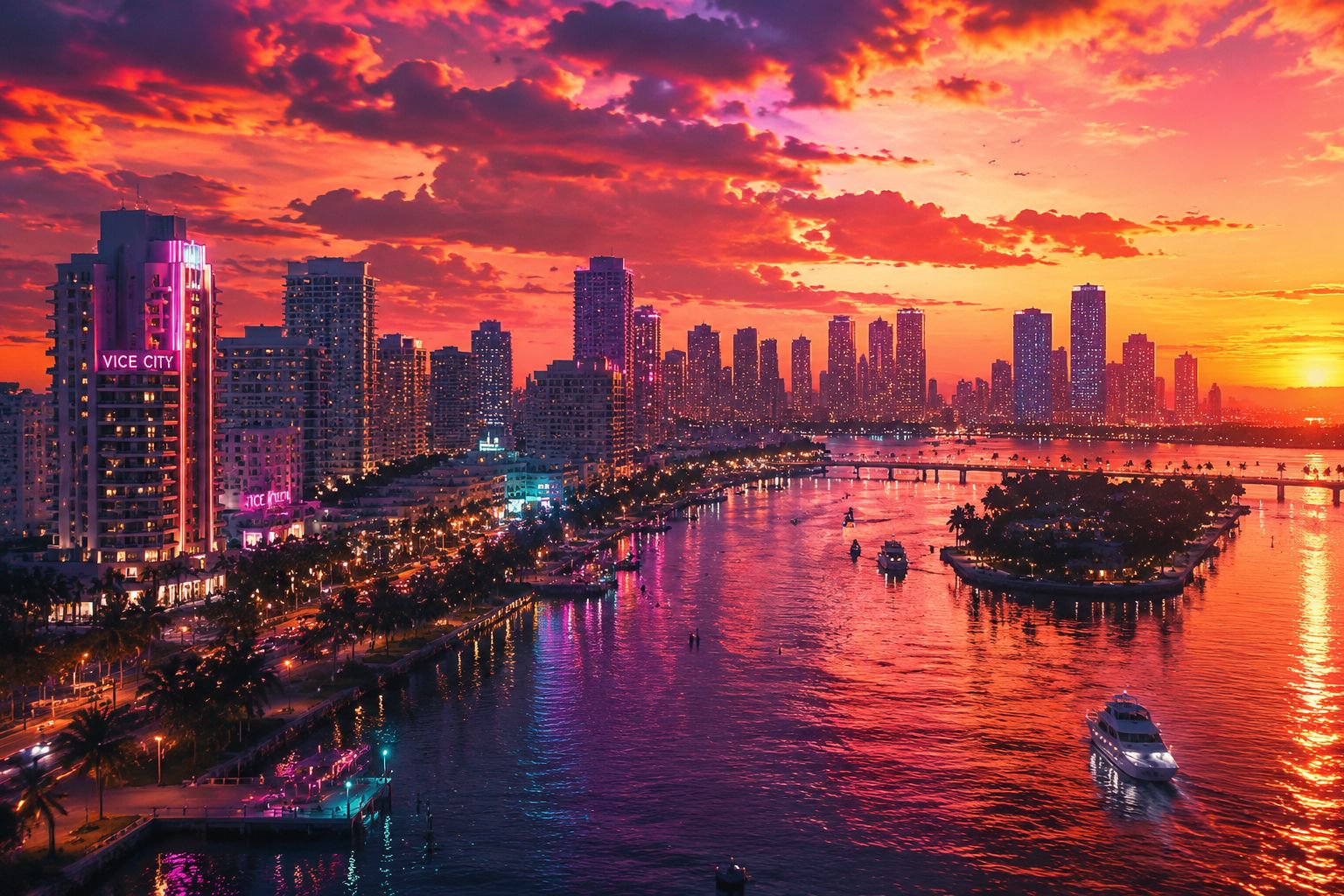 Aerial view of Vice City skyline at sunset with neon lights reflecting off the waterfront