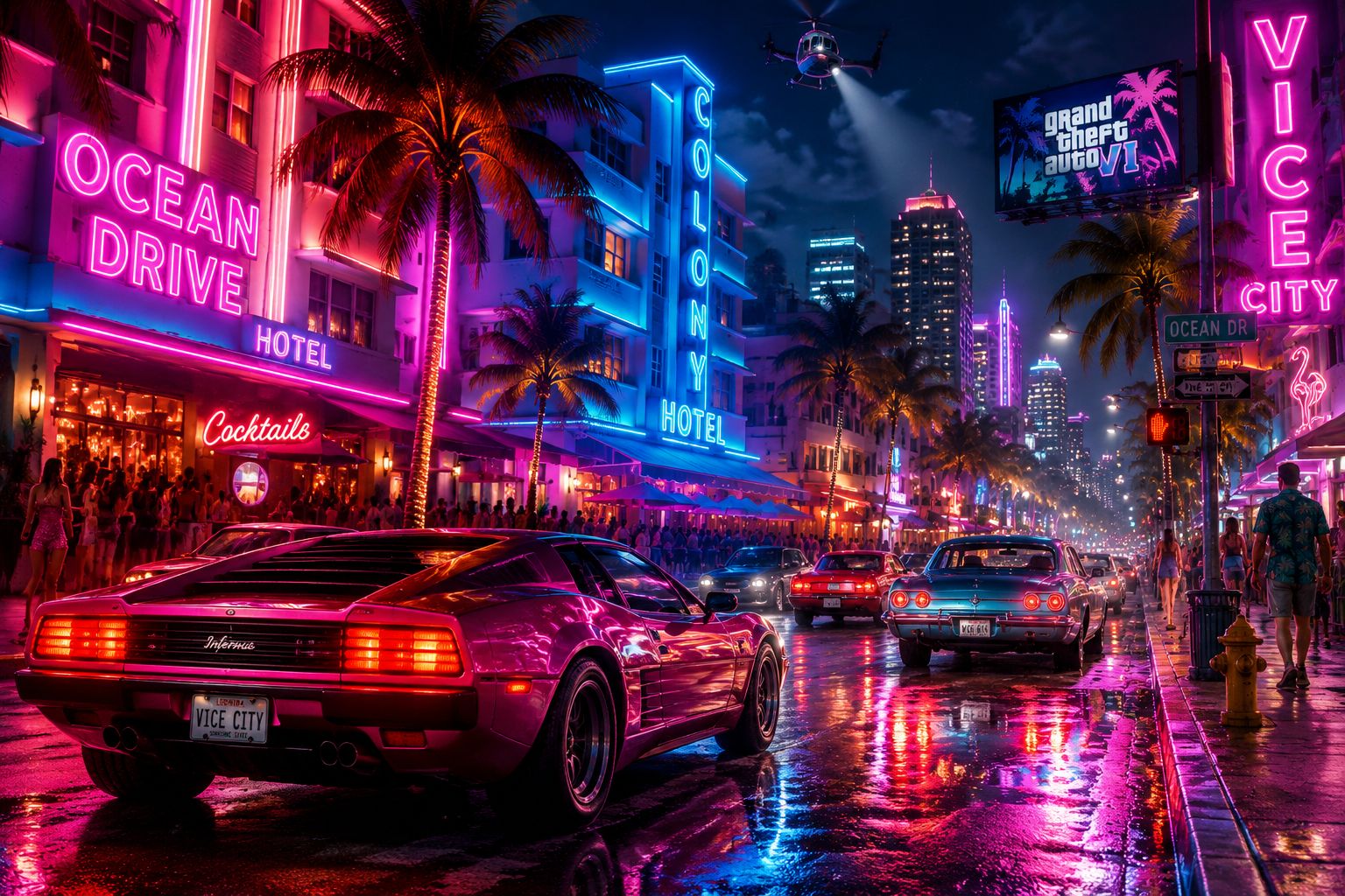 Neon-lit streets of Vice City at night with palm trees and retro cars