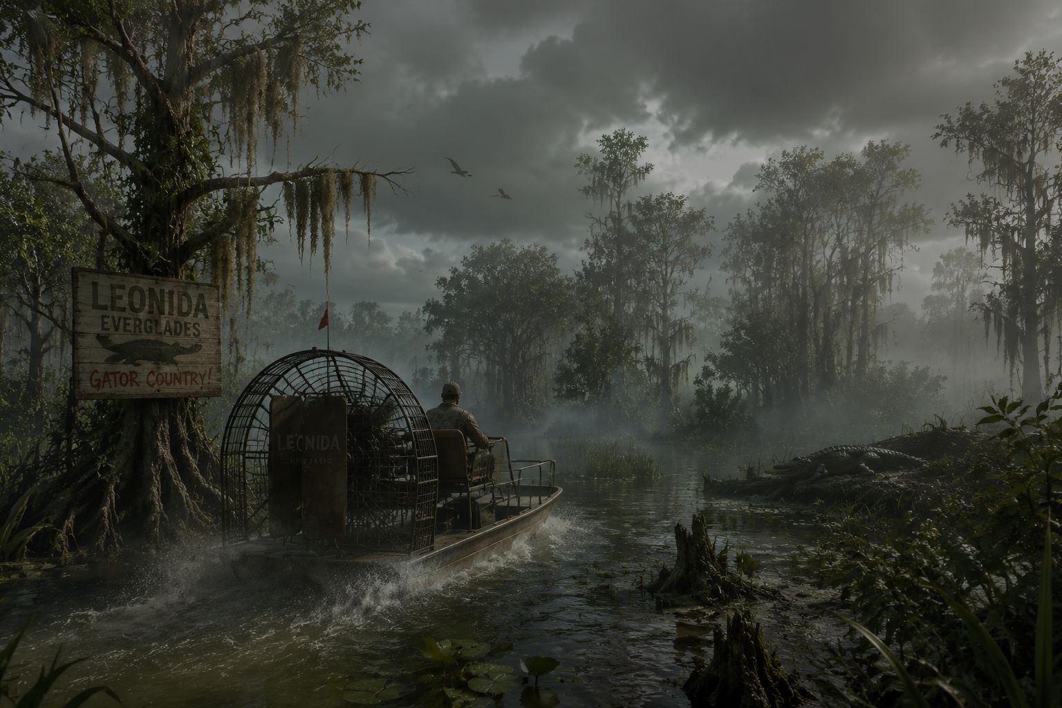 Misty swamp and mangrove forest in the Leonida Everglades with airboat