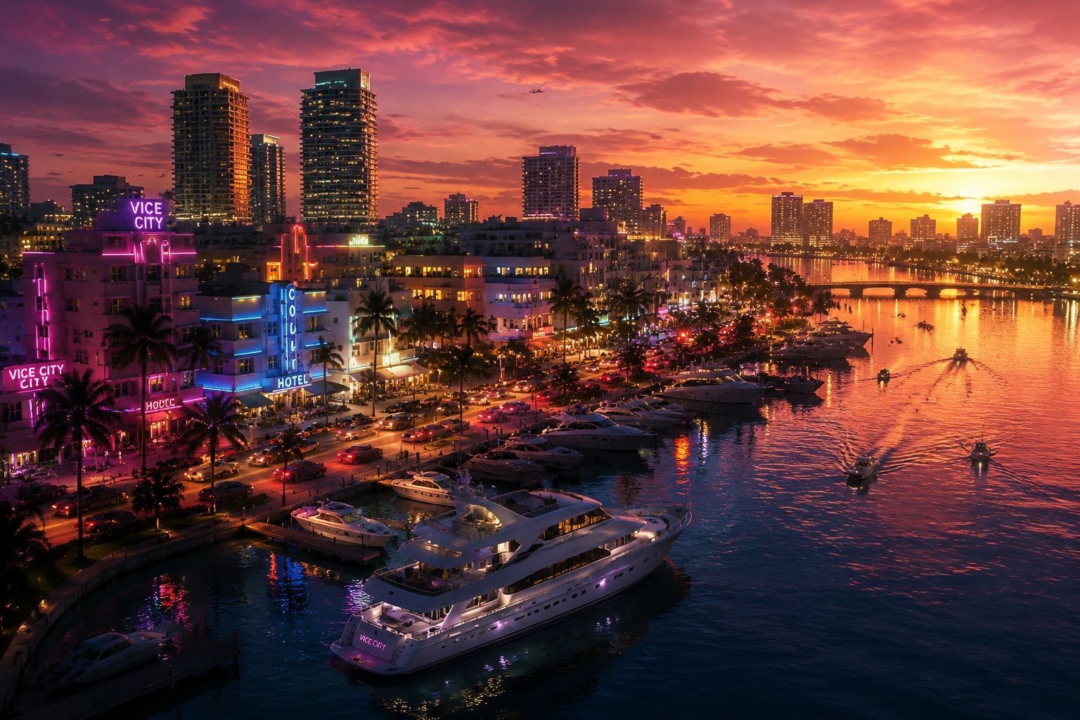 Vice City skyline at sunset with neon lights