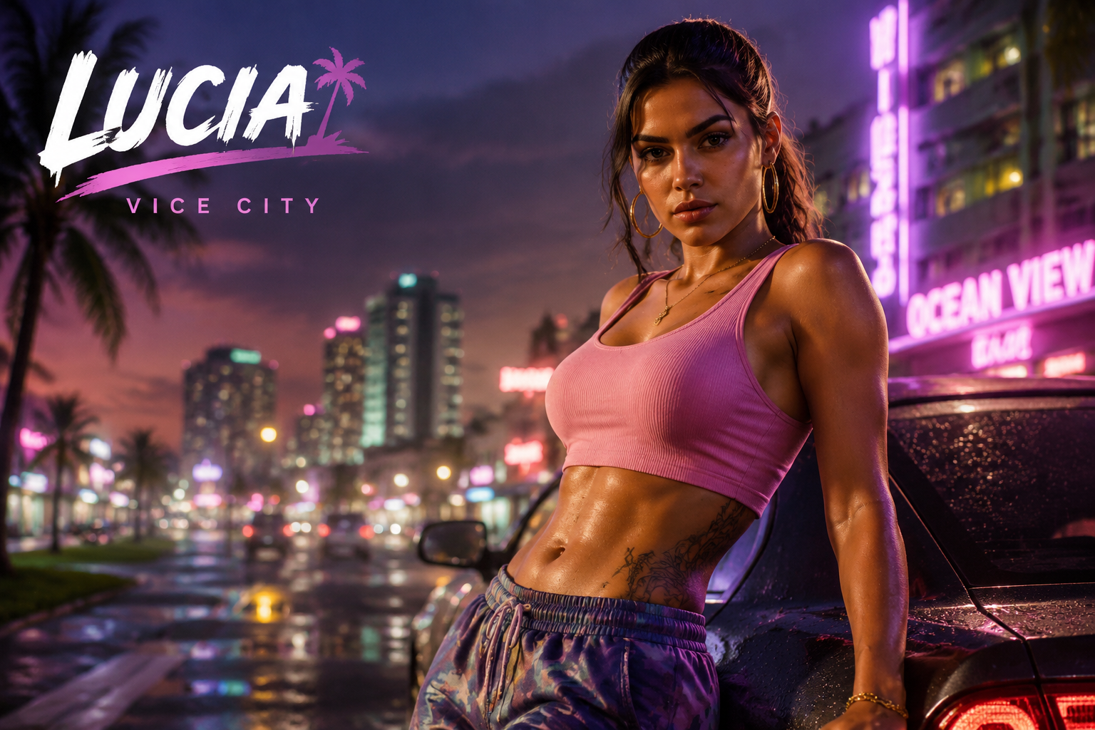 Lucia, the first female GTA protagonist, standing confidently in front of Vice City at night