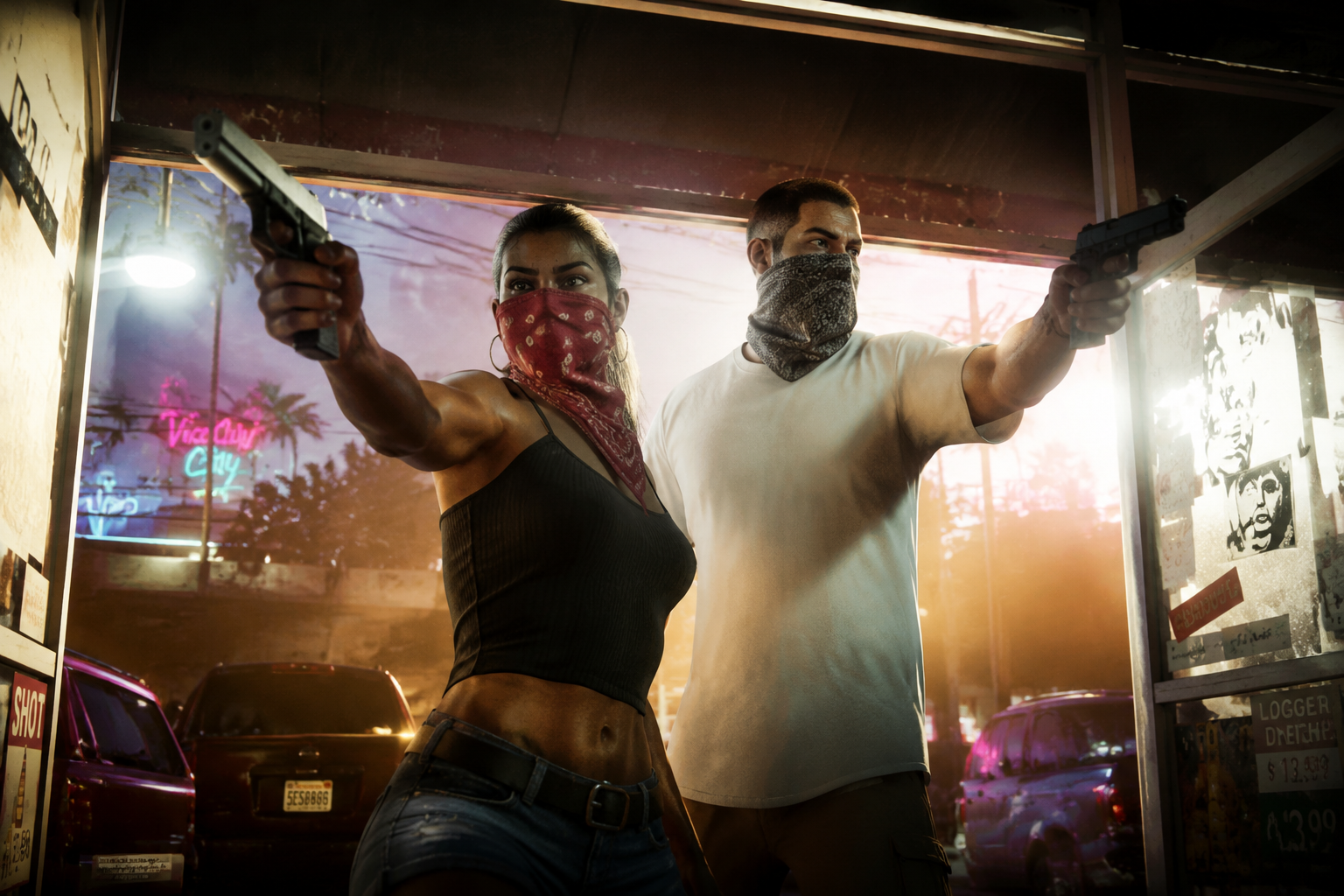 Lucia and Jason in a Bonnie and Clyde style scene at a Vice City convenience store