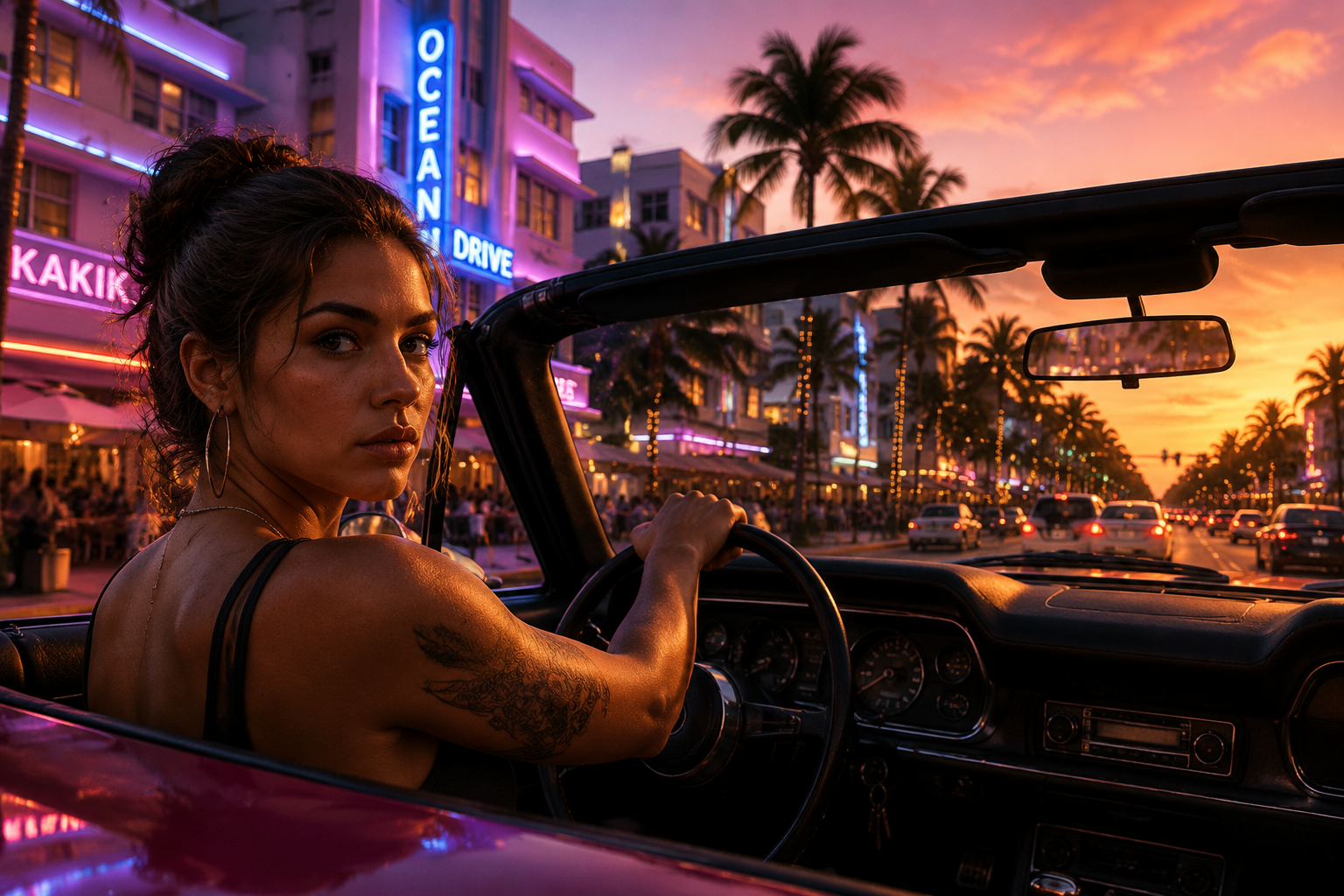 Lucia driving a convertible along Ocean Drive in Vice City with sunset and palm trees