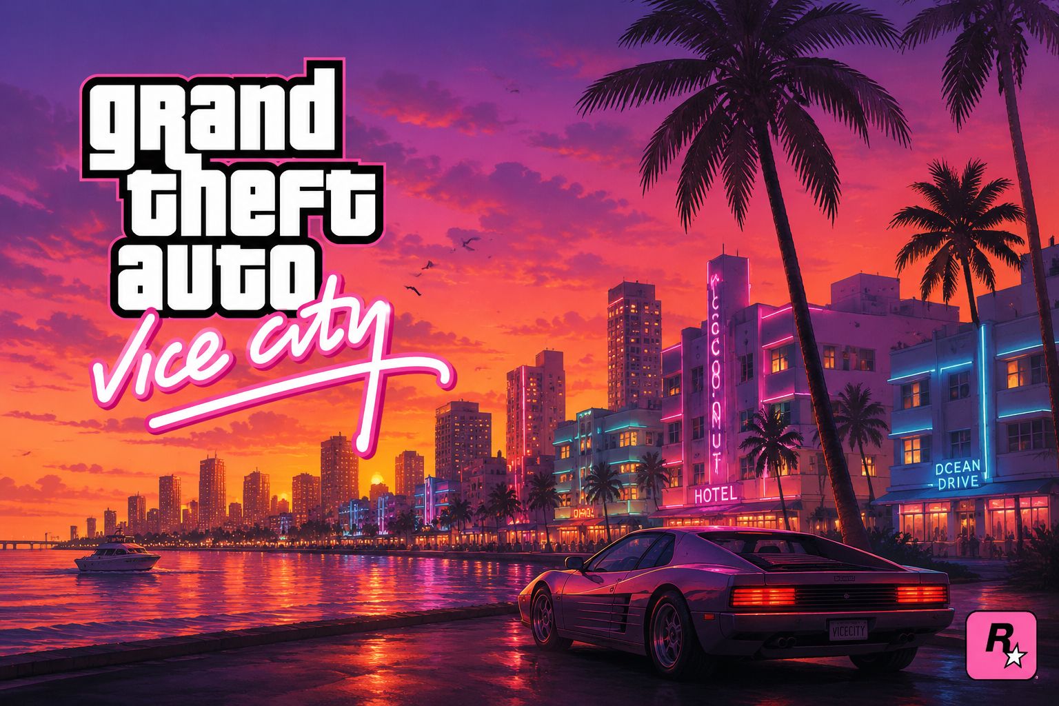 Grand Theft Auto 6 promotional artwork with Vice City skyline backdrop