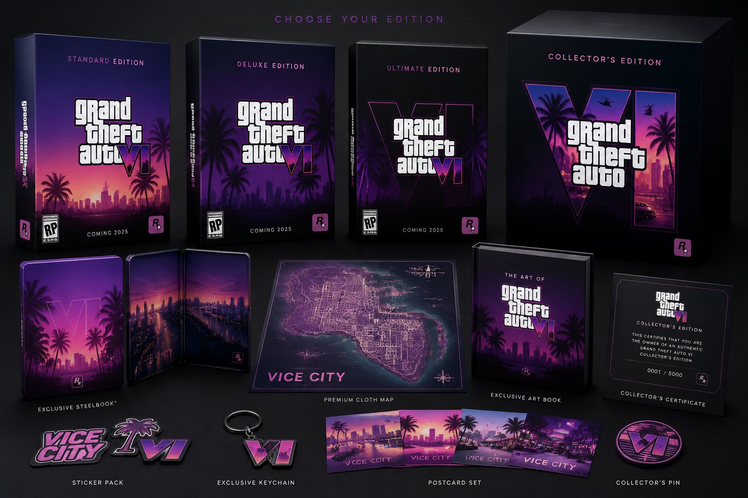 GTA 6 game edition boxes including Standard, Deluxe, Ultimate, and Collector editions on display
