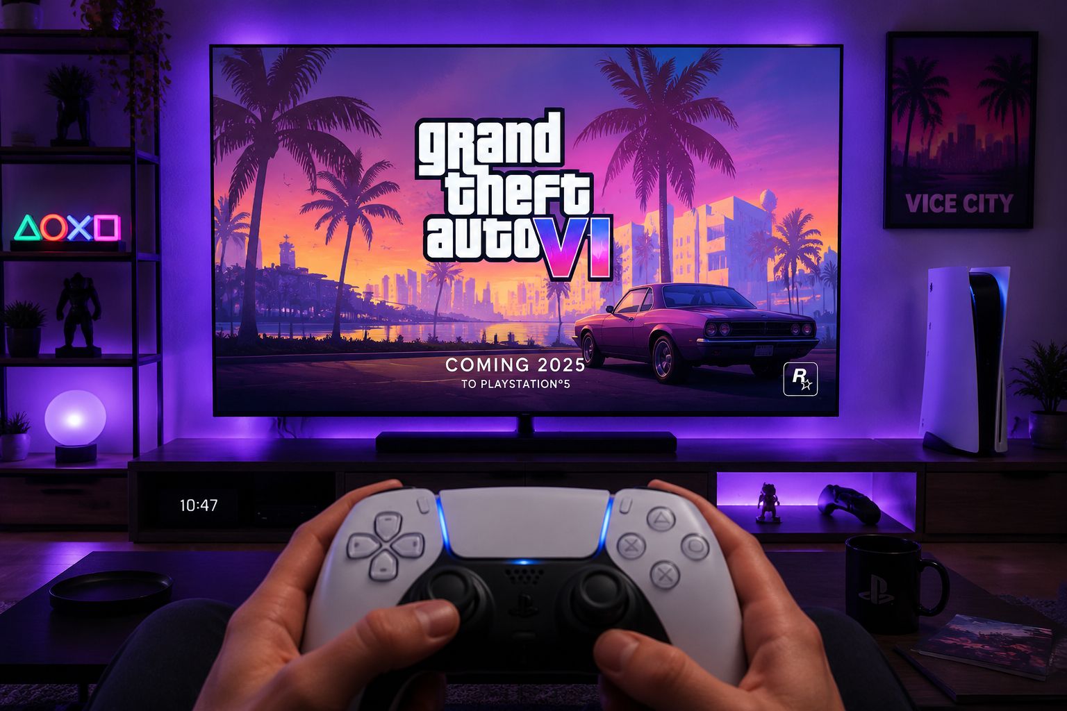 Gaming setup with controller and GTA 6 on screen with purple ambient lighting