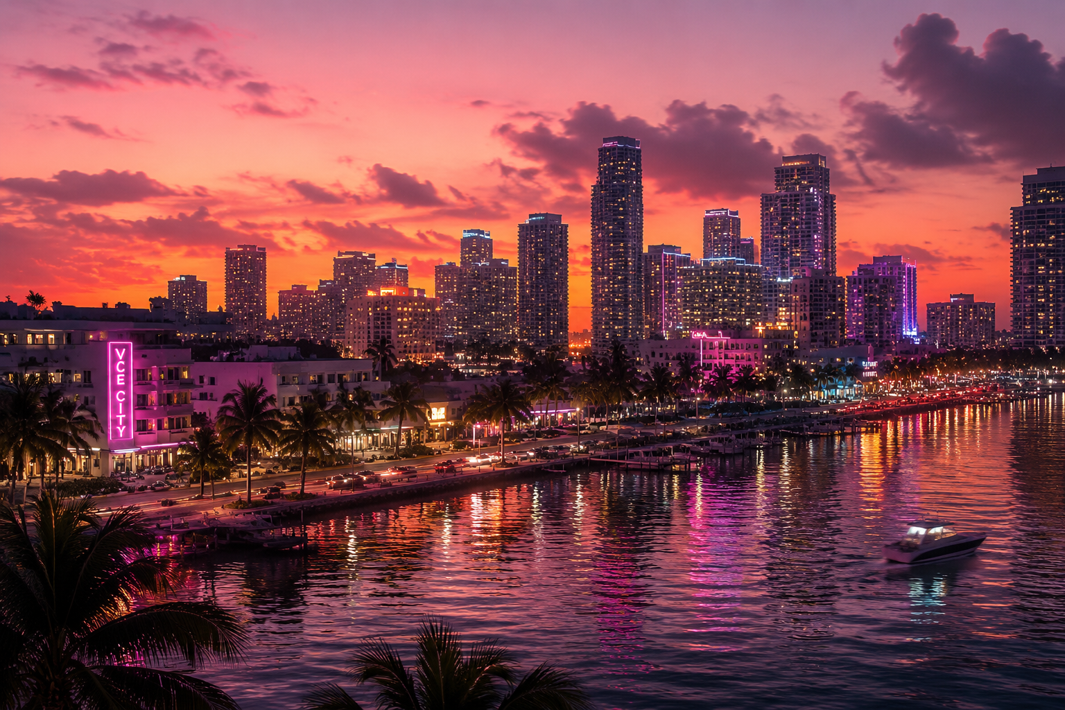 Vice City skyline at sunset with neon lights reflecting on water in GTA 6