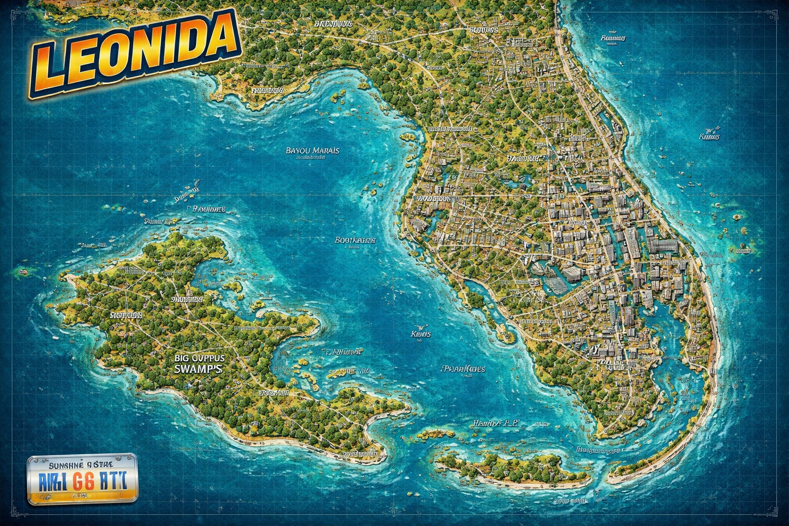 Aerial concept map of Leonida state with Vice City and surrounding areas in GTA 6