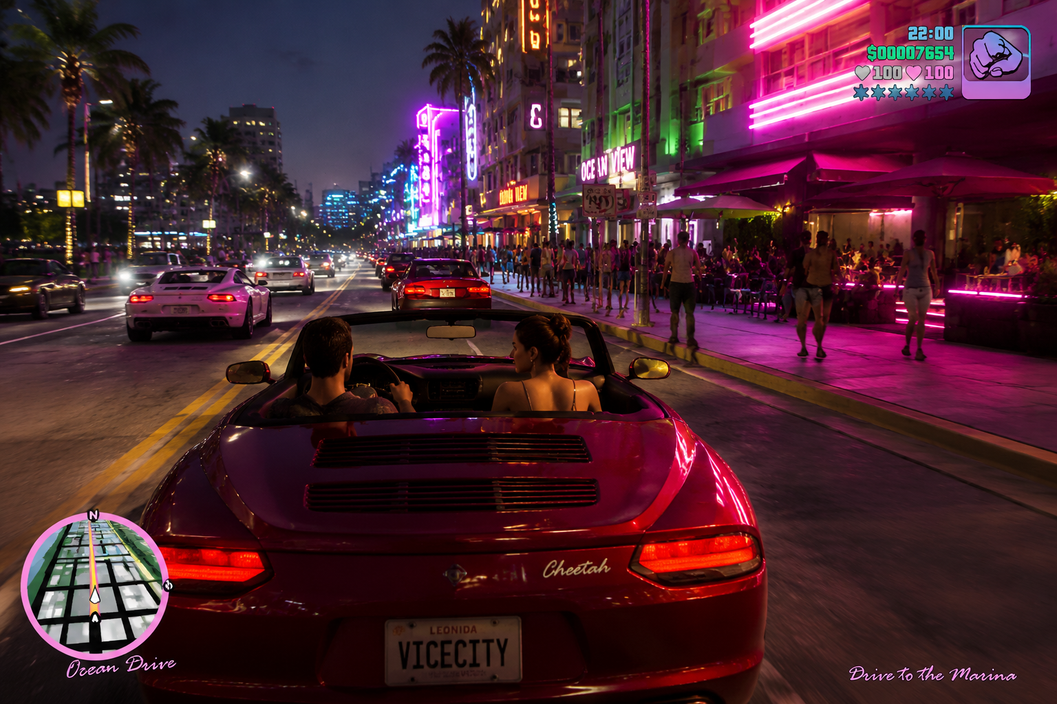 GTA 6 gameplay scene with characters driving through Vice City streets at night