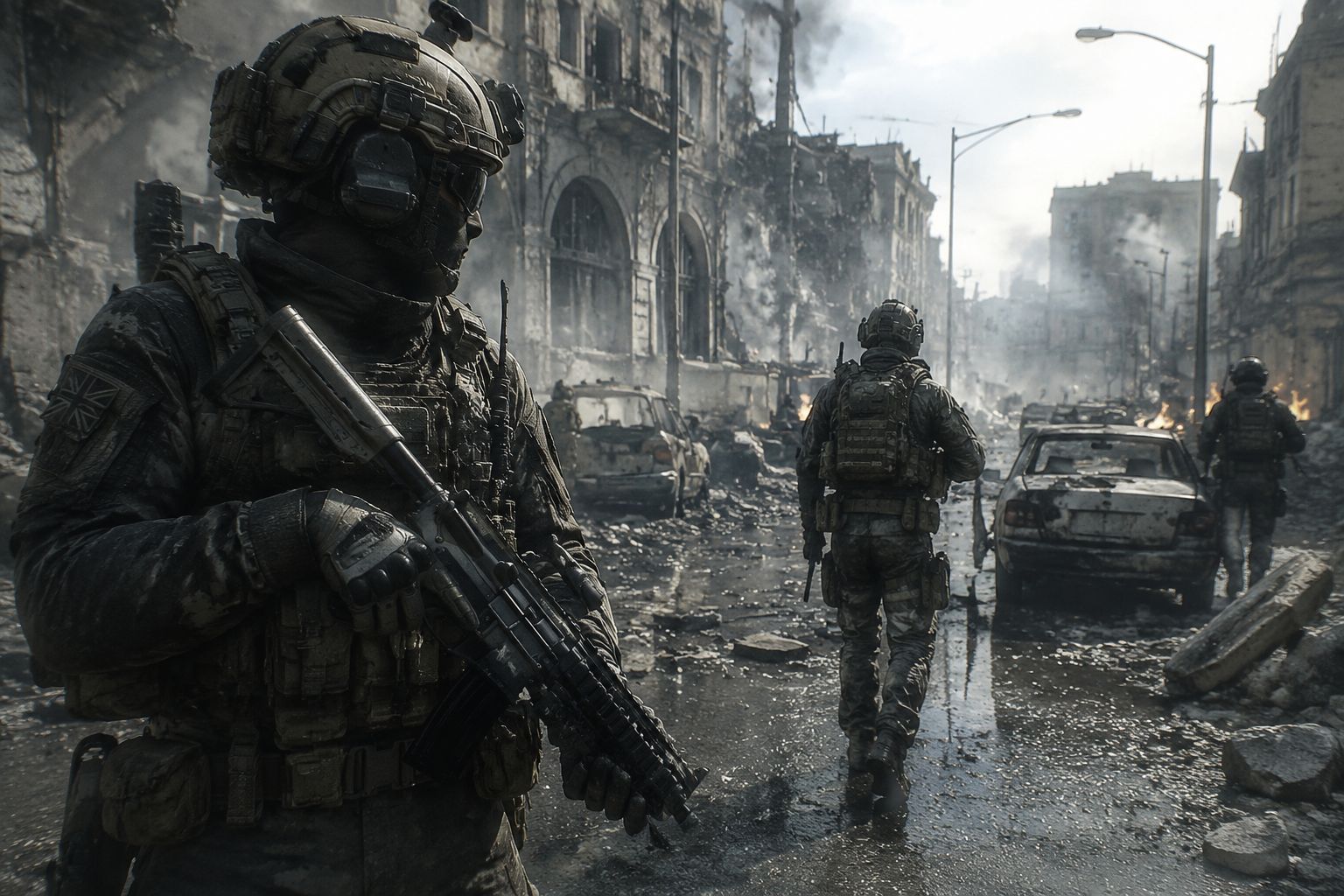 MW4 Campaign Missions concept art showing Task Force 141 in an urban combat zone