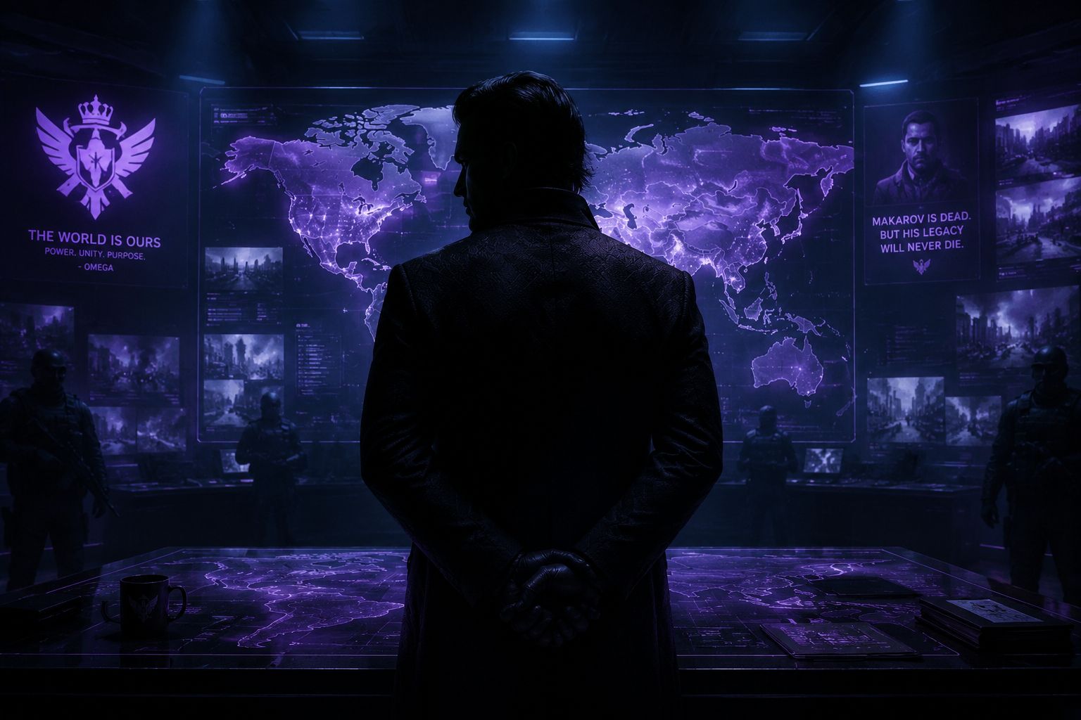 Concept art of the new antagonist in a dark command center with holographic global maps
