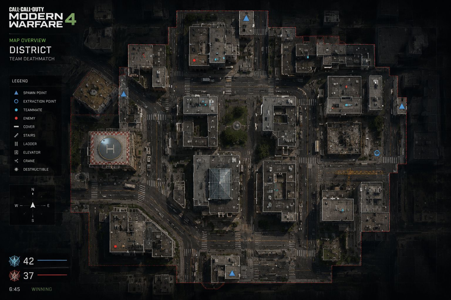 Modern Warfare 4 dynamic map with urban cityscape and multiple combat lanes