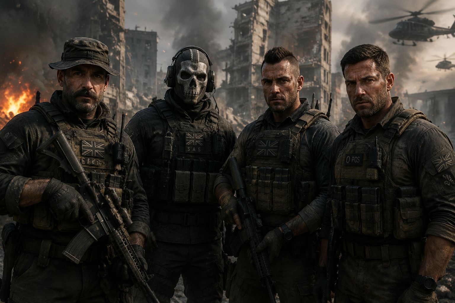Captain Price, Ghost, and Soap standing together in a war-torn urban environment