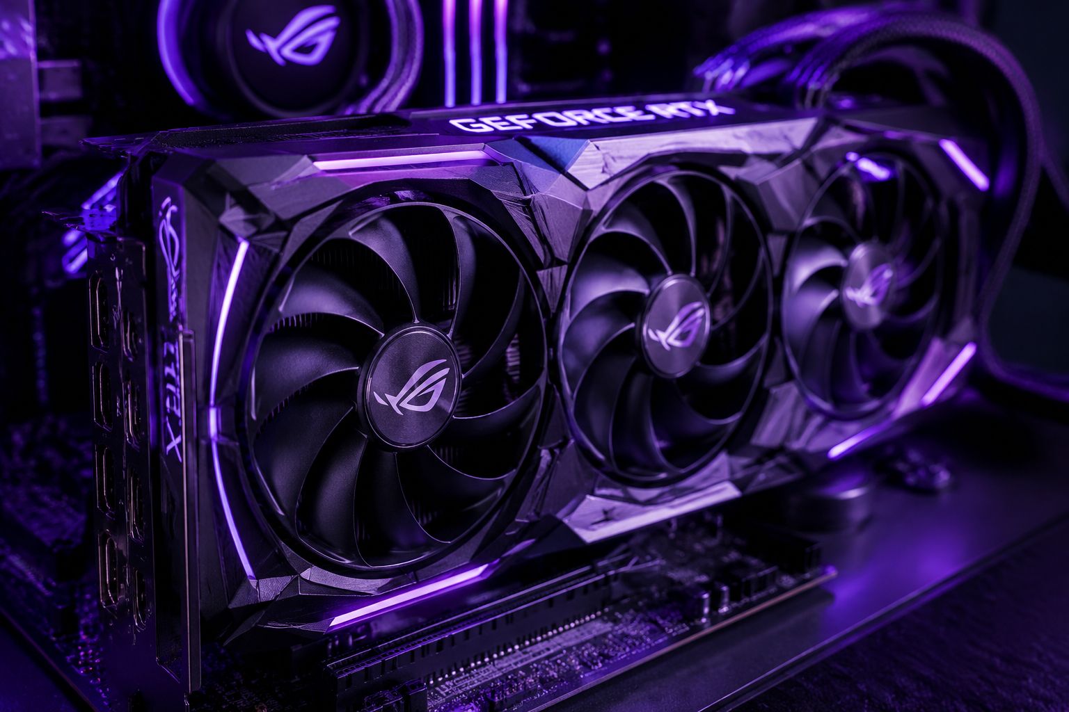 NVIDIA RTX graphics card with glowing purple LED lighting