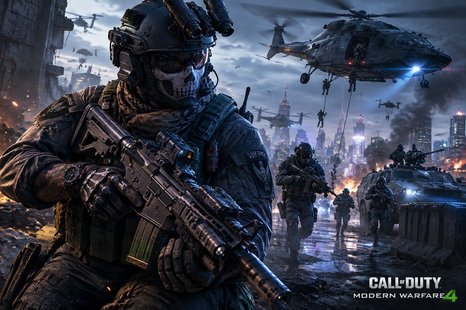 Modern soldier with advanced tactical gear and futuristic weapons