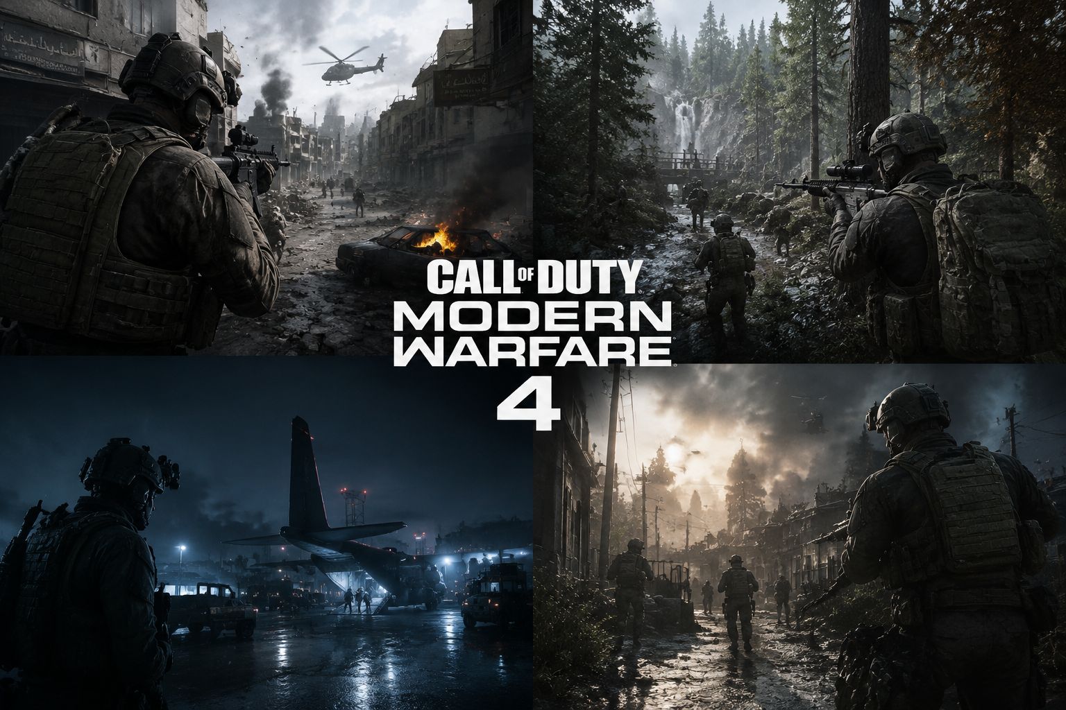 Split scene showing urban combat, forest warfare, and night operations